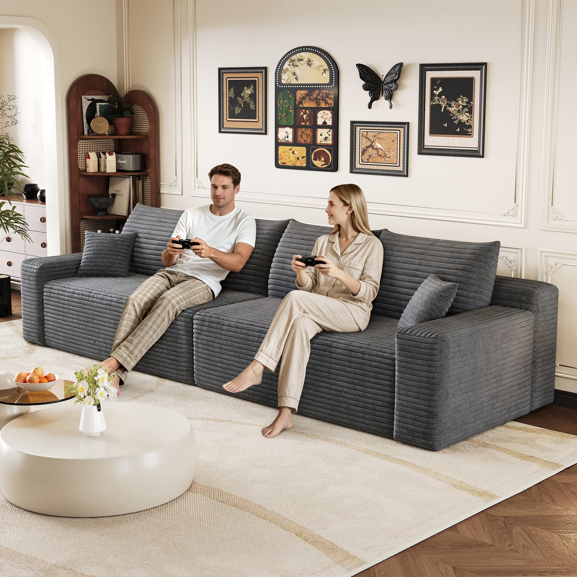 Comodo divano in velluto a coste da 302 cm, moderno e minimalista, con chaise longue in spugna, per soggiorno, modulare modulare senza ossa, grigio scuro: 4 persone