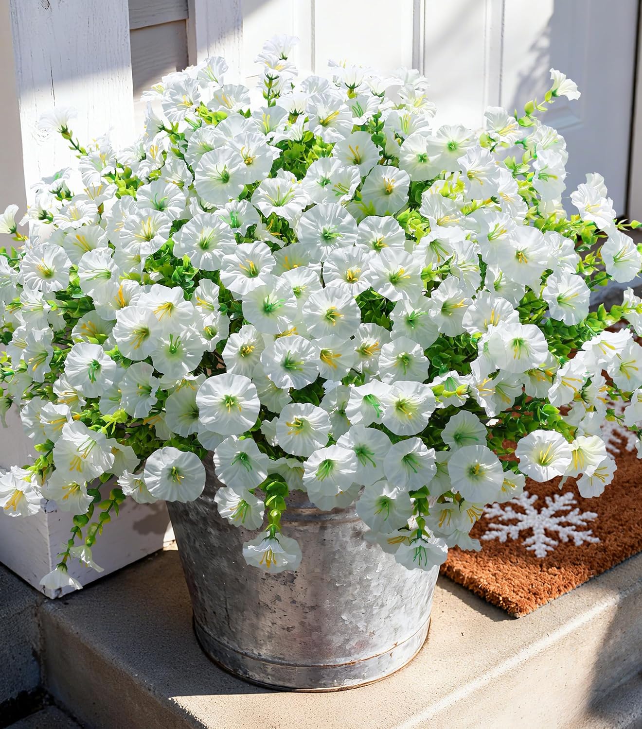 Artificial Flowers Fake Plants for Outdoors Decoration, 12 Bundles White Silk Morning Glory with Eucalyptus Realistic UV Resistant Faux Flowers for Outside Planter Porch Yard Patio Garden Home Indoor - Image 4