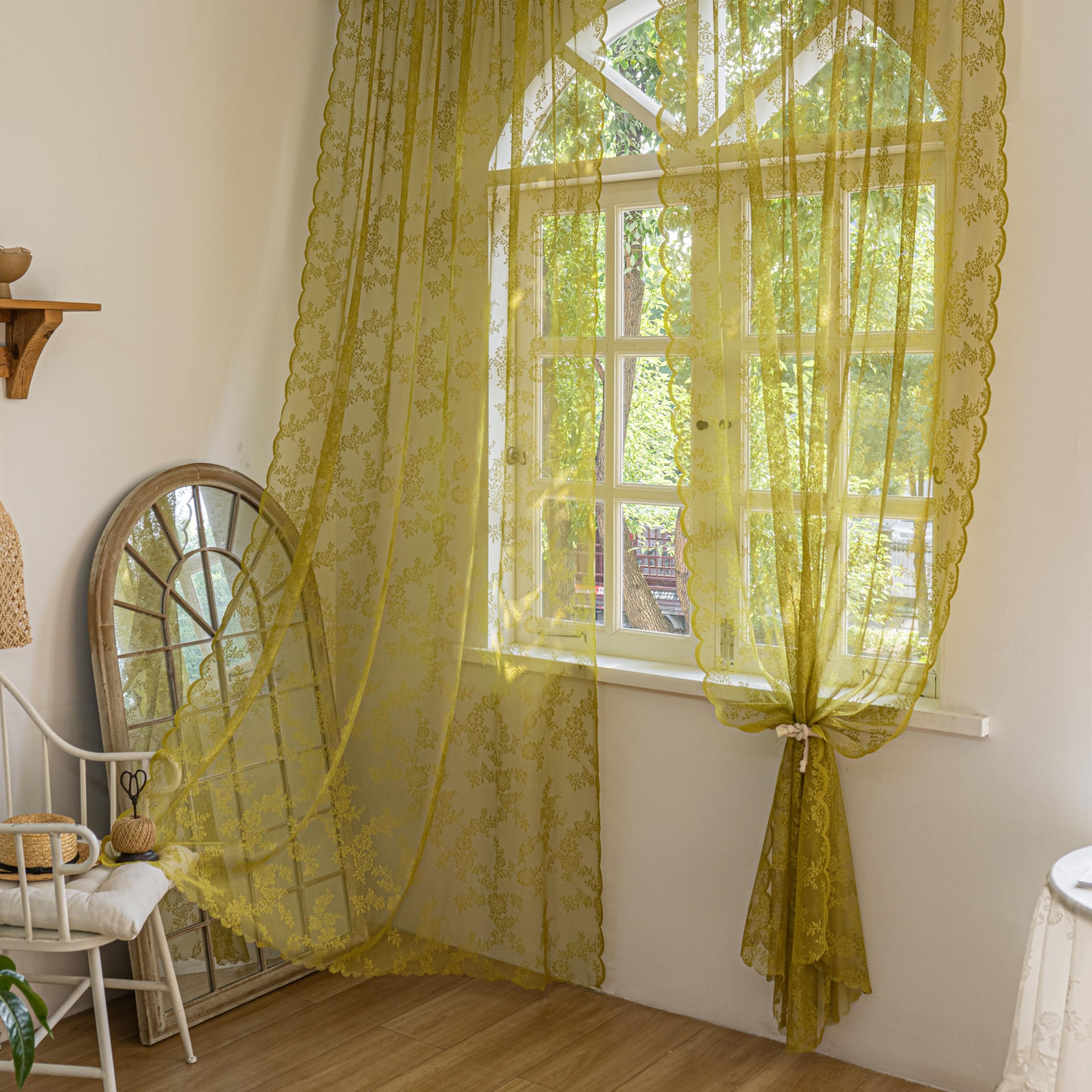 Sutuo Home Lace Curtains for Bedroom Dining Room 90 Inches Long 2 Panels, Boho Sheer Rose Floral Embroidery Ruffled Vintage Window Treatment Pair Easter Decor, Rod Pocket, W57 x L90,Sage Green