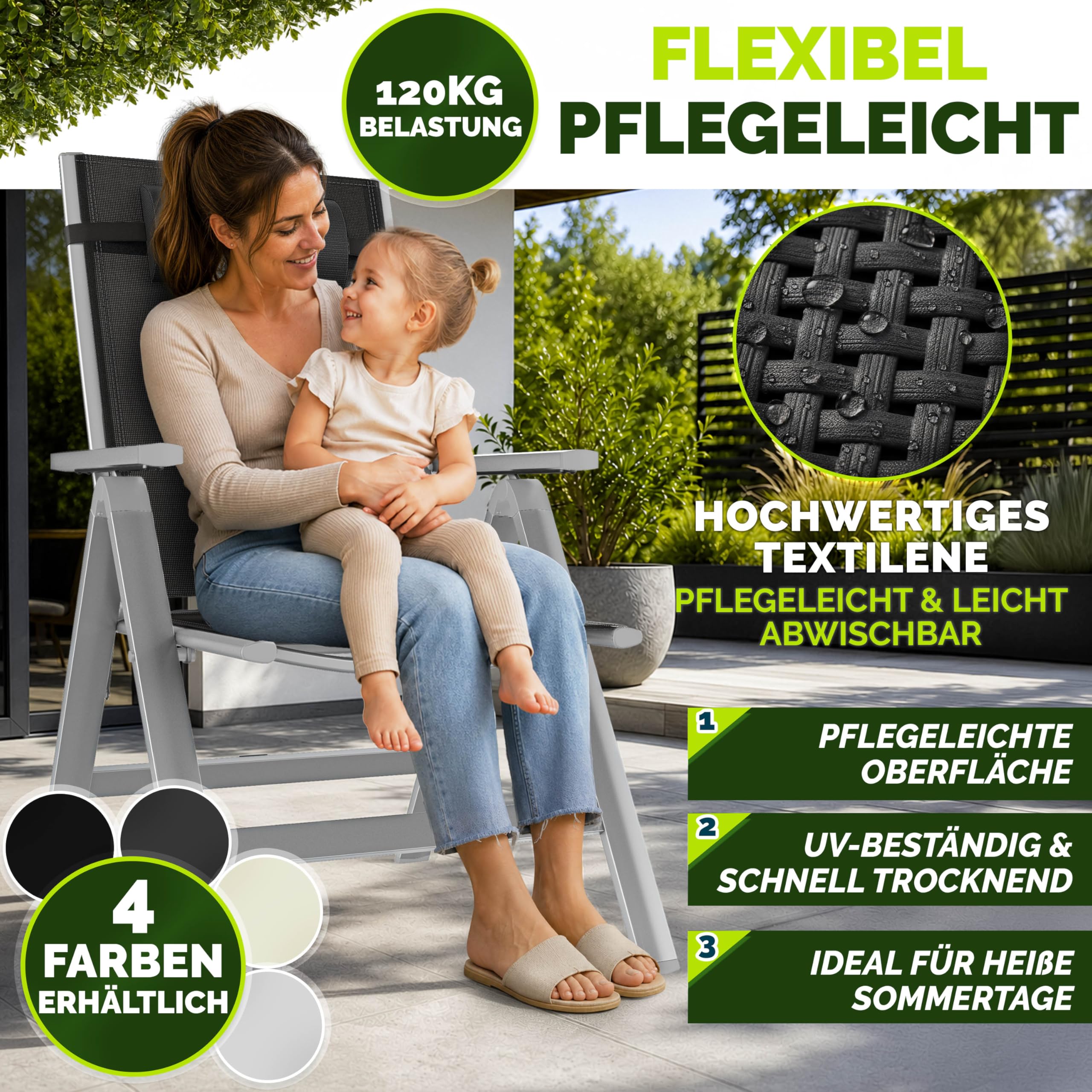 tillvex® Gartenstuhl Hochlehner 6er Set mit Kopfkissen | Klappstuhl mit Armlehnen 7-Fach Verstellbar | Campingstuhl Klappbar Wetterfest | Gartenstühle Aluminium
