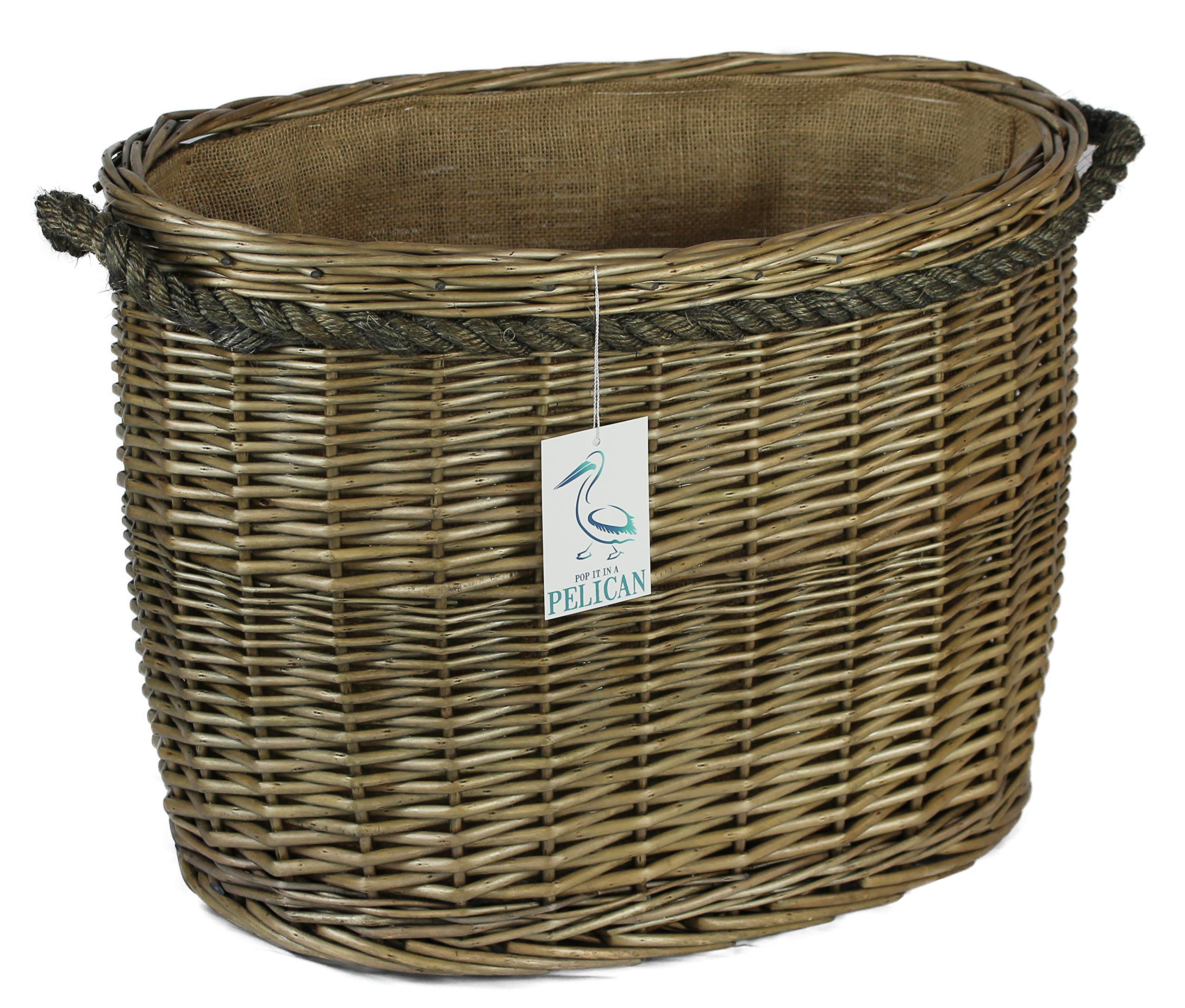 Range of rounded Wicker log baskets. Rope handles. Wood & kindling storage for home hearths and fireplace. Large wood burner bin (60cm, Oval)