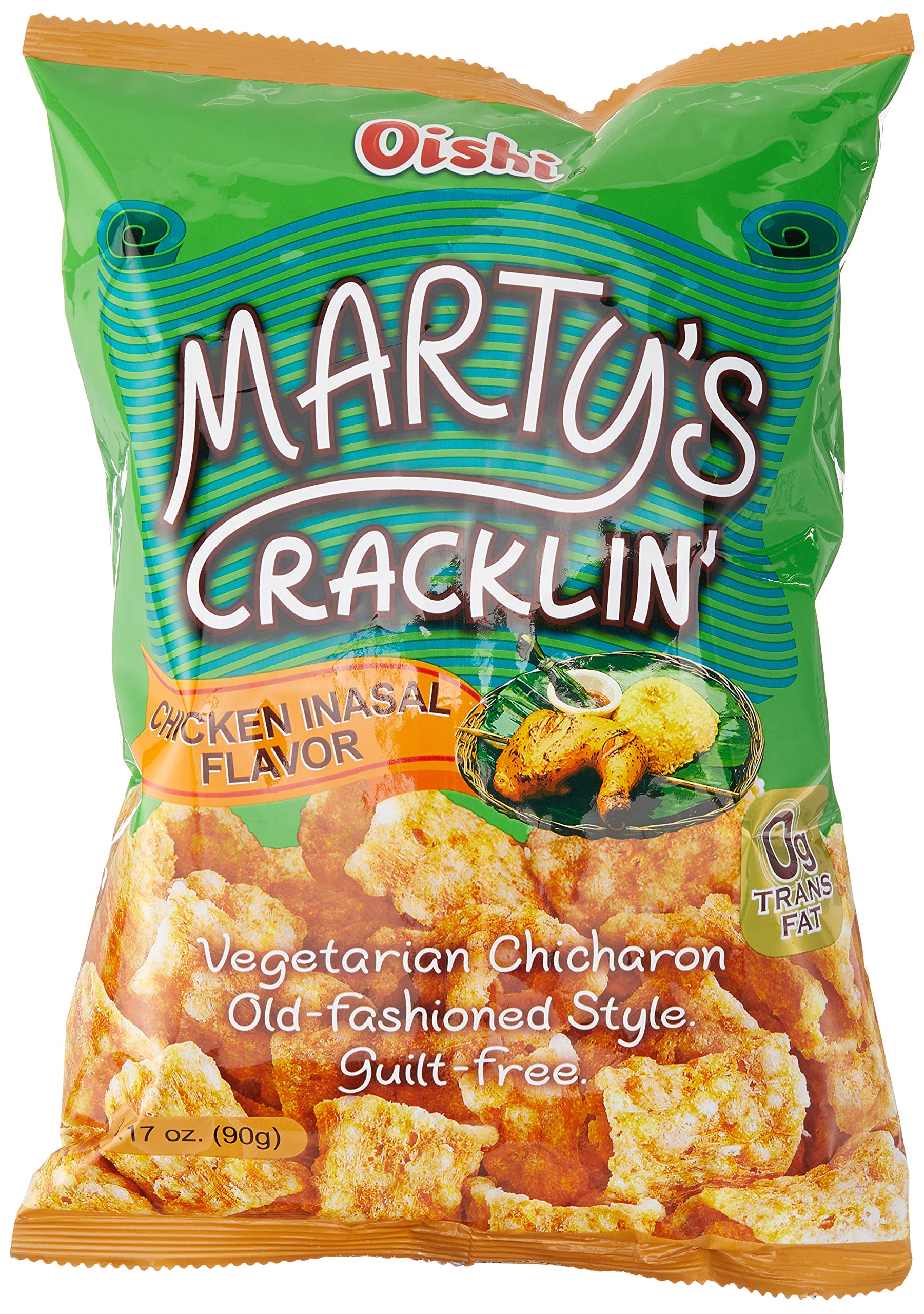 Oishi Marty's Cracklin', Chicken Inasal - Light and Airy Vegetarian Chicharron, 3.17oz (90g), 3 Pack