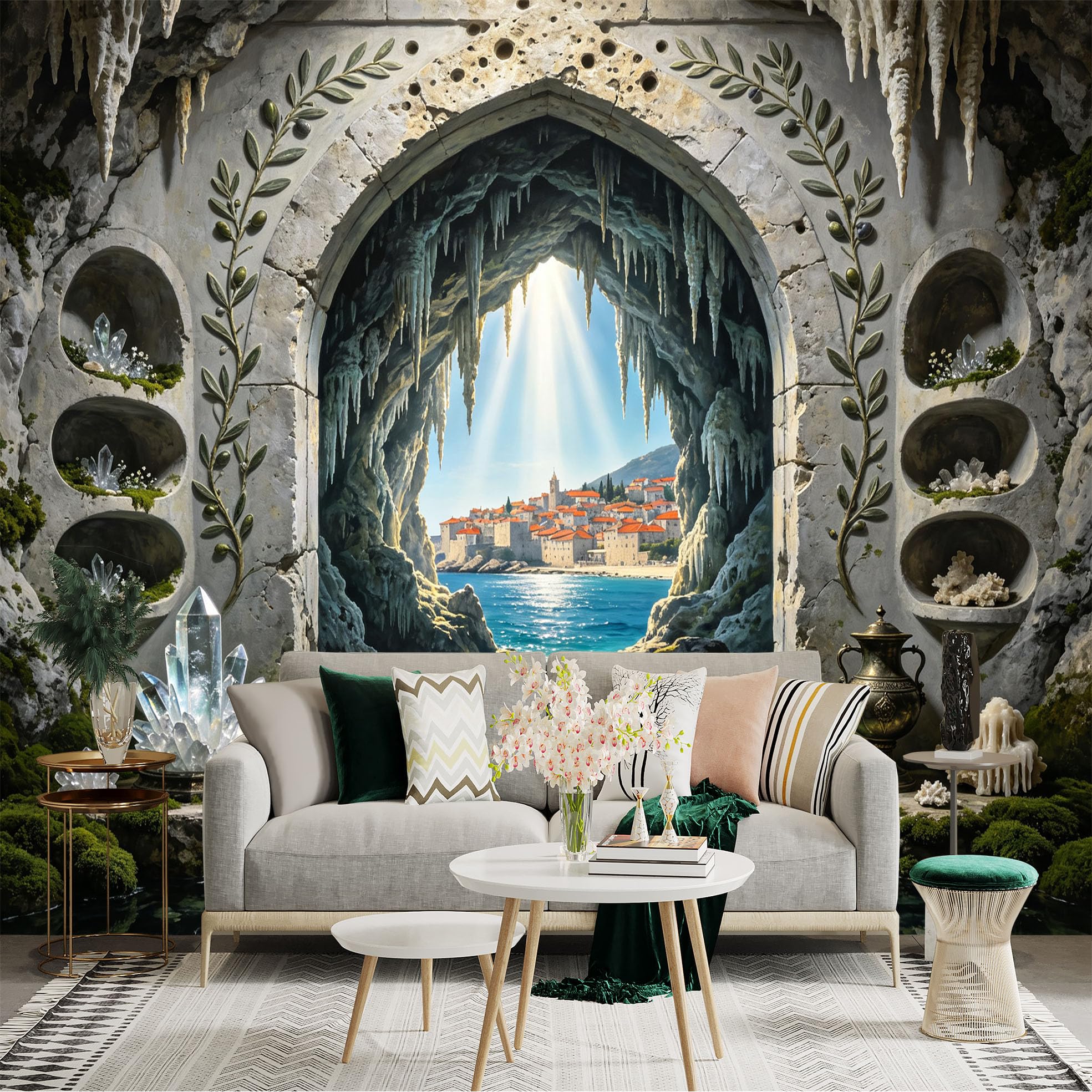 Custom Size Wall Sticker Mural， Fantasy Cave Seaside Village， Crystal Grotto Archway， Coastal Water Reflection， for wall Decoration， peelandstick wall Decals.