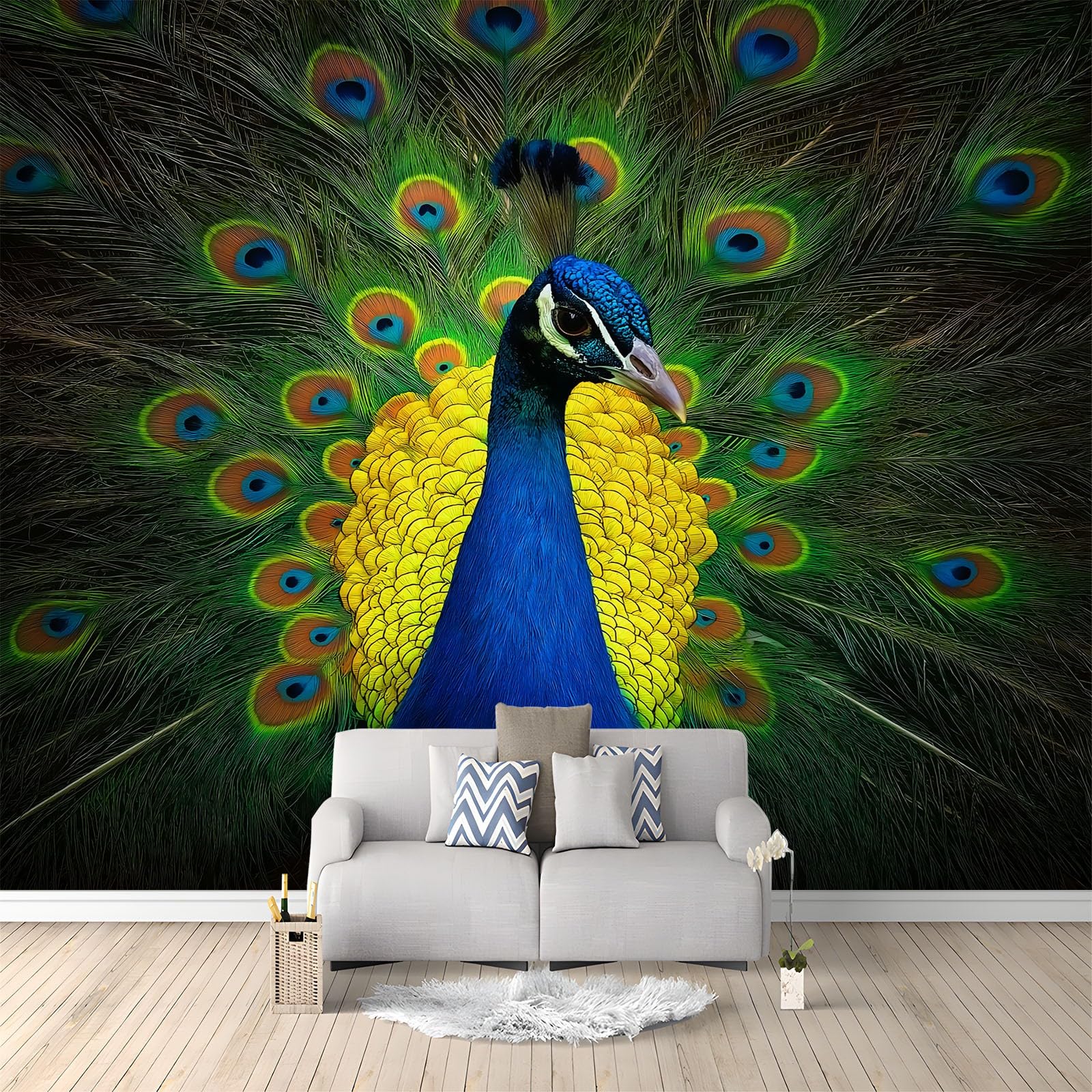 Tapeta mural 3D panoramiczny fototapeta 200 x 140 cm dzikie zwierzęta pawie tło ściana dekoracja wnętrza tapeta, zielony efekt 3D plakat dekoracja do sypialni salonu