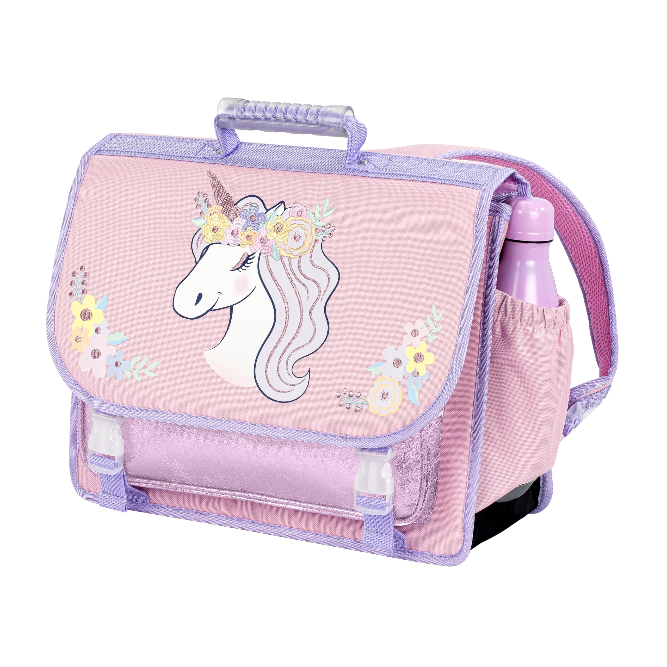 Viquel - Cartable Primaire Floral Unicorn - Cartable Fille Licorne 2 Compartiments - Rose Sac Scolaire Ergonomique avec Bandes réfléchissantes, Compartiments Multiples