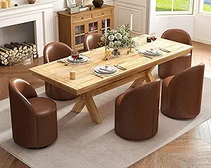 Wahson Faux Leather Swivel Dining Chairs Set of 6, Modern Upholstered Barrel Accent Chair with 360 Degree Rotation, Brown Vanity Chair for Dining/Living Room, Bedroom, Makeup Room