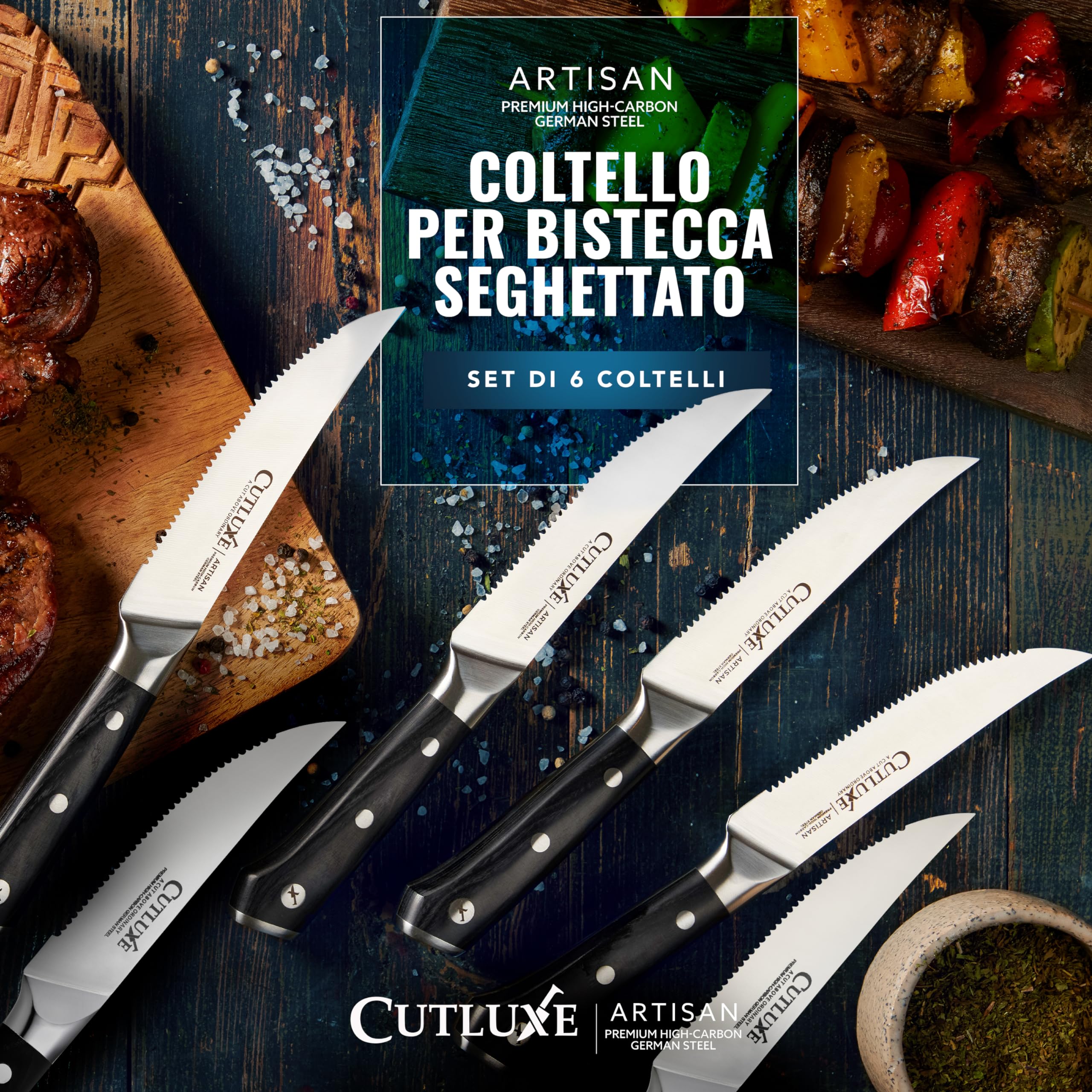 Cutluxe Set Coltelli Da Tavola – Coltelli da Bistecca Seghettati, 6 Pezzi – Coltelli Carne in Acciaio Tedesco al Carbonio, Lama Intera, Manico Ergonomico – Serie Artigianale