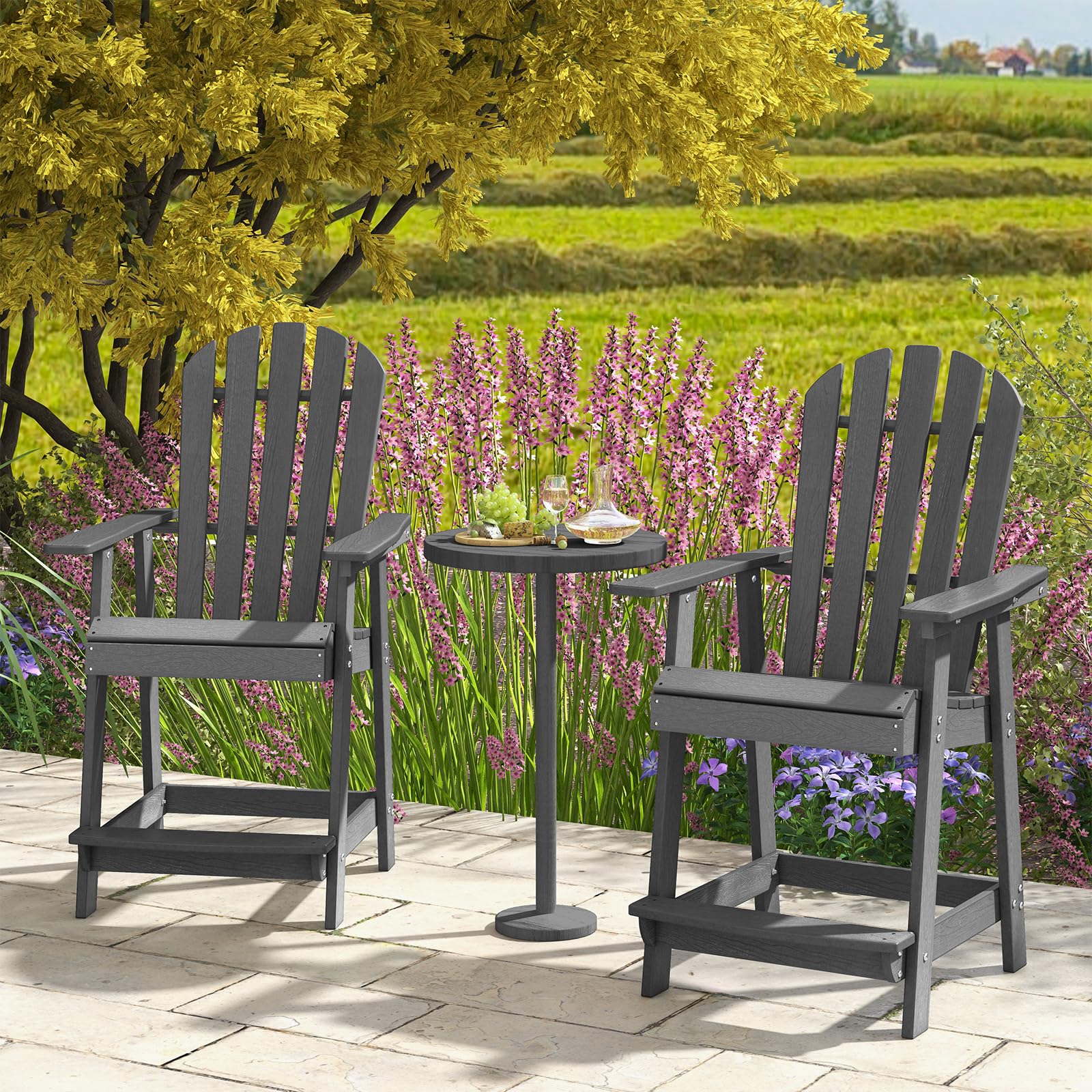 COSTWAY Hoher Adirondack Stuhl mit Fußstütze, wetterfester Barhocker aus HDPE, Balkonstuhl mit Armlehne, Outdoor Adirondack Chair für Garten, Terrasse (Grau)