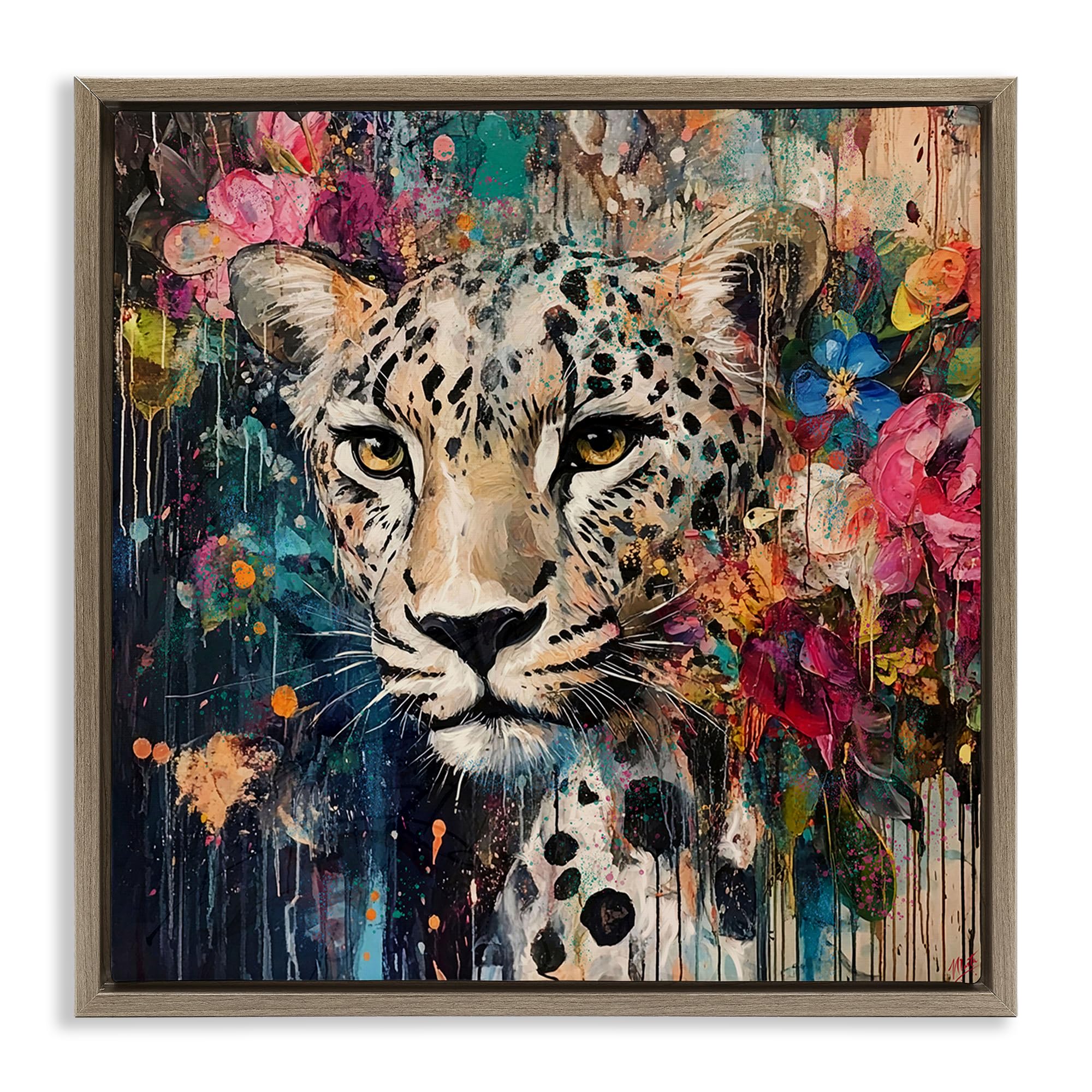 Stupell Industries Montalcino Elm (Textured) 'Cheetah & Exotic Blooms'| Floating Frame Canvas Art