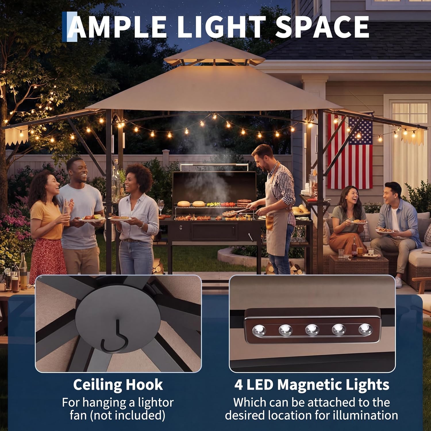 8x5 ft Grill Gazebo with Adjustable Dual Side Awnings, 2-Tier BBQ Gazebo Grill Shelter with 2 Handy Shelves, Hooks, 4 LED Lights & Ceiling Hook, Steel Frame BBQ Canopy for Backyard Garden, Khaki