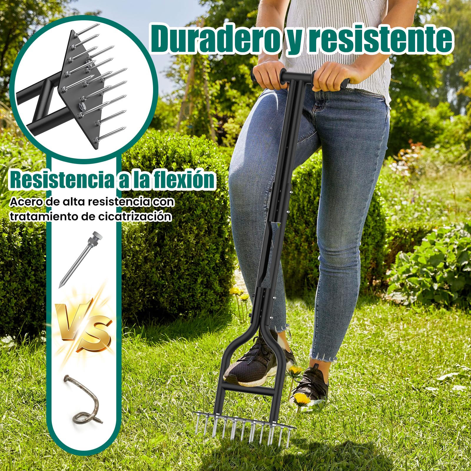 HYCHIKA Aireador Cesped para Cuidado de Suelo y Césped, 15 Pinchos de Acero Macizo, Mango en Forma de T, Escarificador de Cesped Herramientas hortícolas