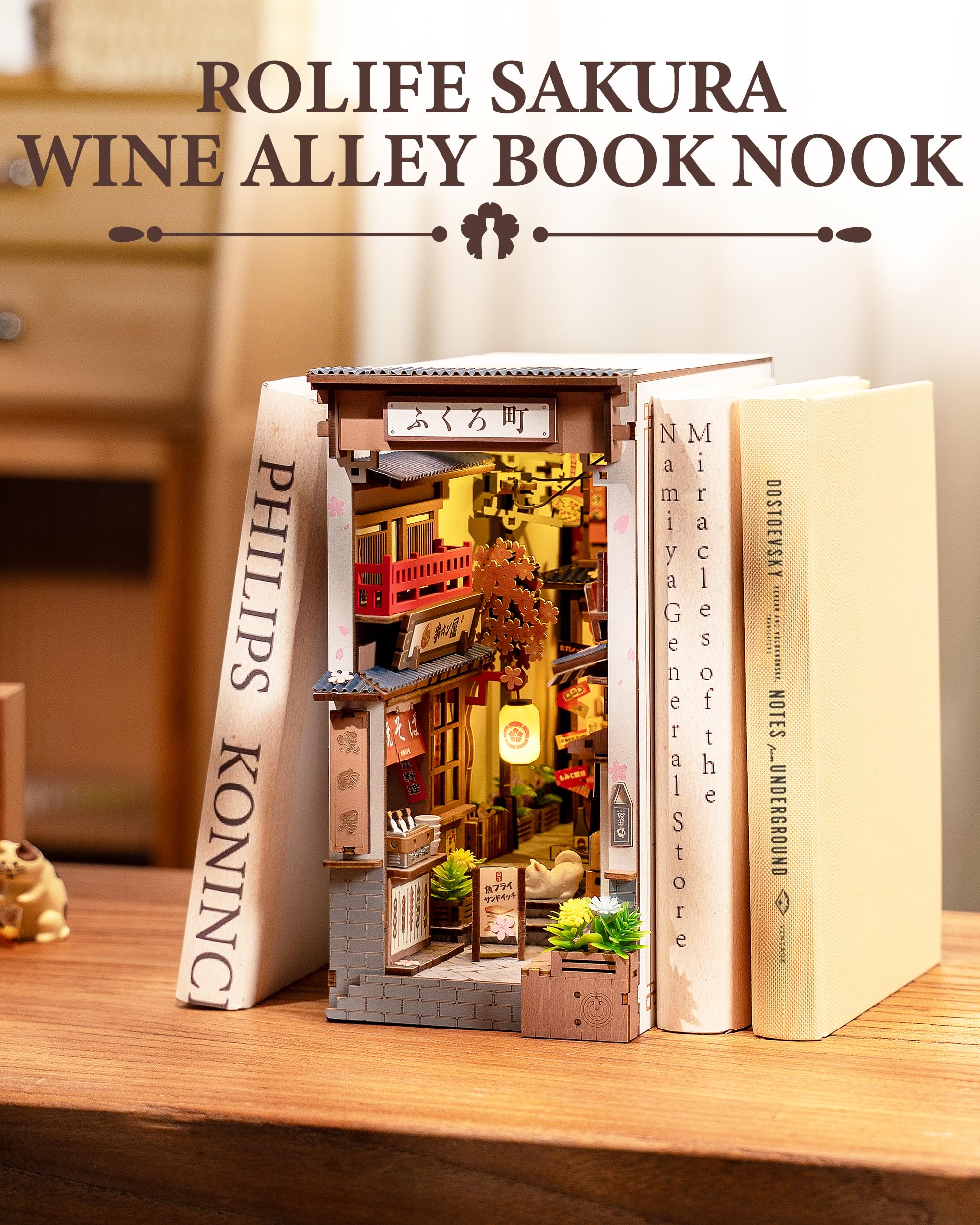 Rolife Book Nook Kit Miniature da Costruire DIY Booknook Sakura Wine Alley 3d Puzzle Legno con Luci Decorazione Libreria Casa Modellismo da Costruire Adulti Diorama Modellismo