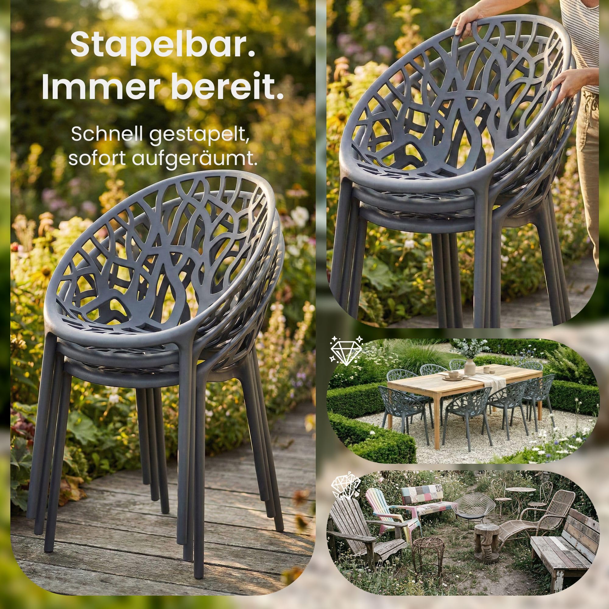 CLP Gartenstühle 2er Set stapelbar wetterfest Hope, Gartensessel mit Lehnen UV-beständig, Outdoorstühle aus Kunststoff bis 150 kg belastbar Farbe anthrazit