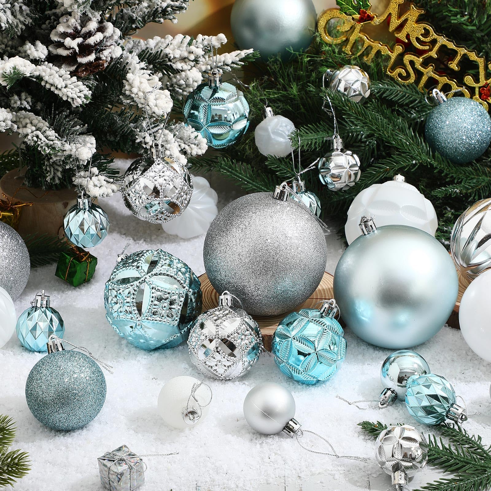 Soulchen Weihnachtskugeln-Set, mehrfarbig, bruchsicherer Kunststoff, hängende Kugeln in 4 Größen für Weihnachtsbaum-Dekoration (Blau, Silber, Weiß), 32-teilig