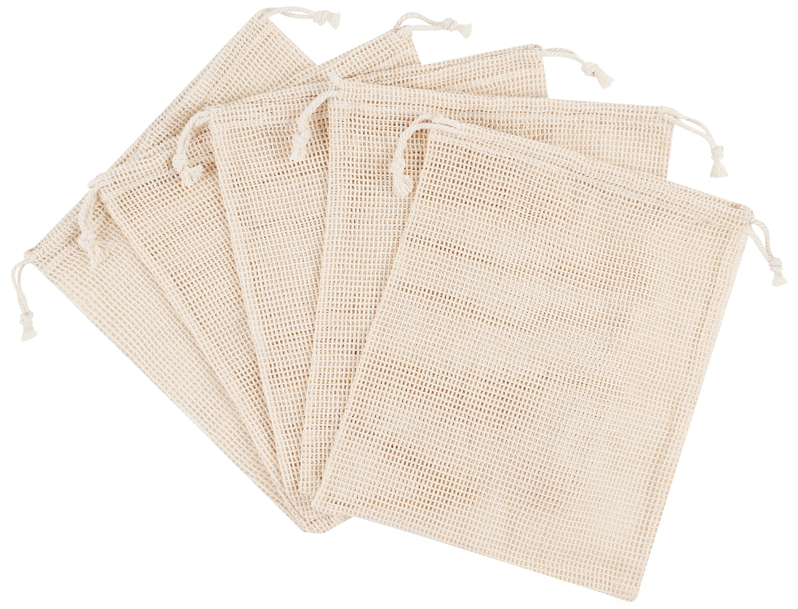 PALTERWEAR 100 Percent Natural Cotton Double Drawstring Mesh Bag For Herbs, Nuts, Fruit, Vegetables (8 x 10 Inch - Set of 5)