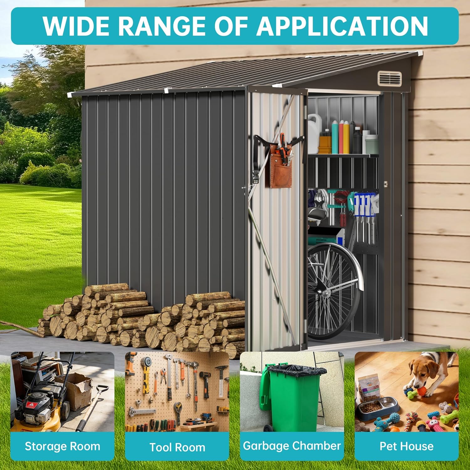 4x6 Lean to Yard Storage Shed, Outdoor Lean to Storage Sheds, Metal Wall Side Bike Shed with Lockable Door for Garden, Backyard, Patio, Lawn (Black, 4x6FT)
