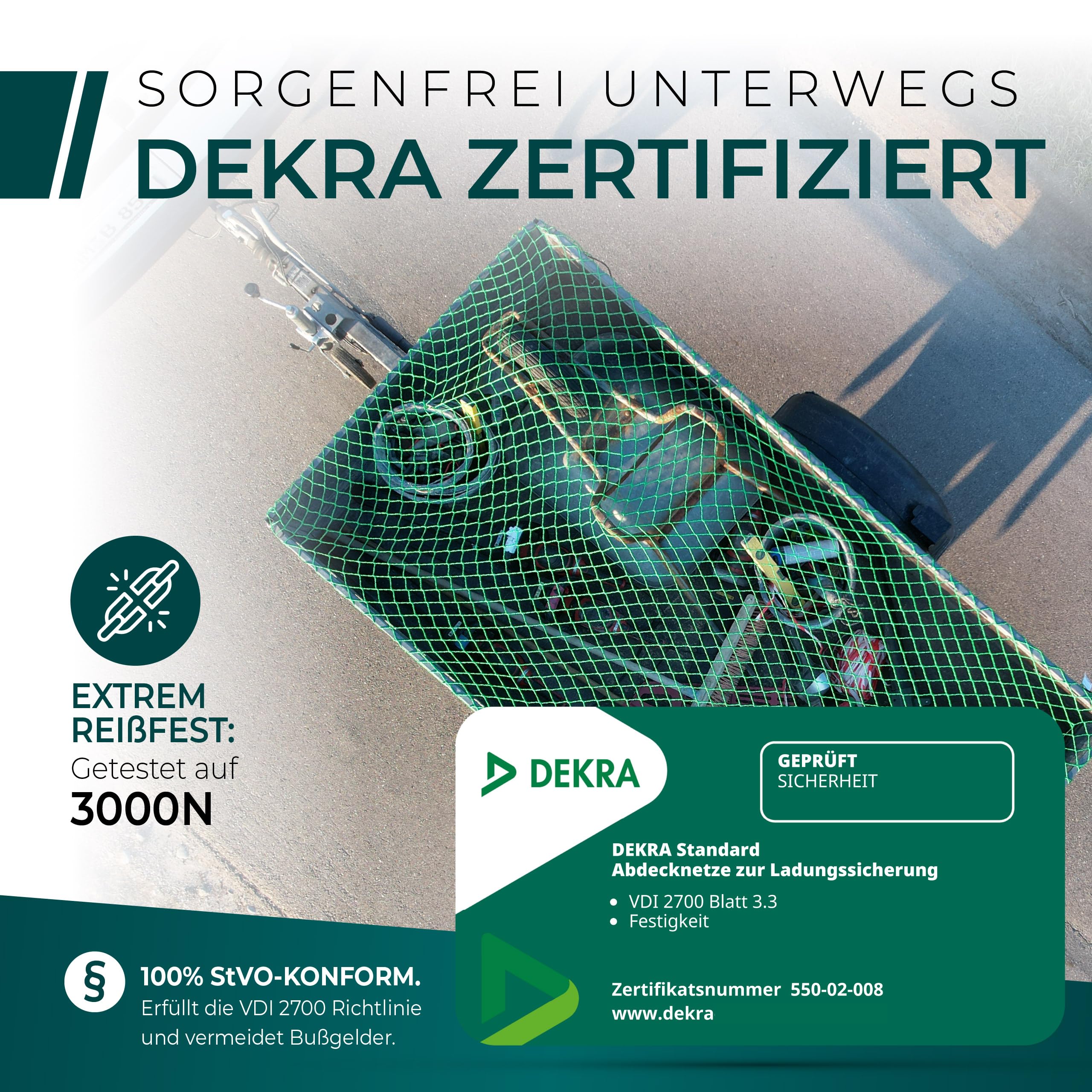 CargoVA® siatka na przyczepę 3 x 4 m – siatka do zawieszania z gumową linką i oznaczeniem narożników – do idealnego zabezpieczenia ładunku