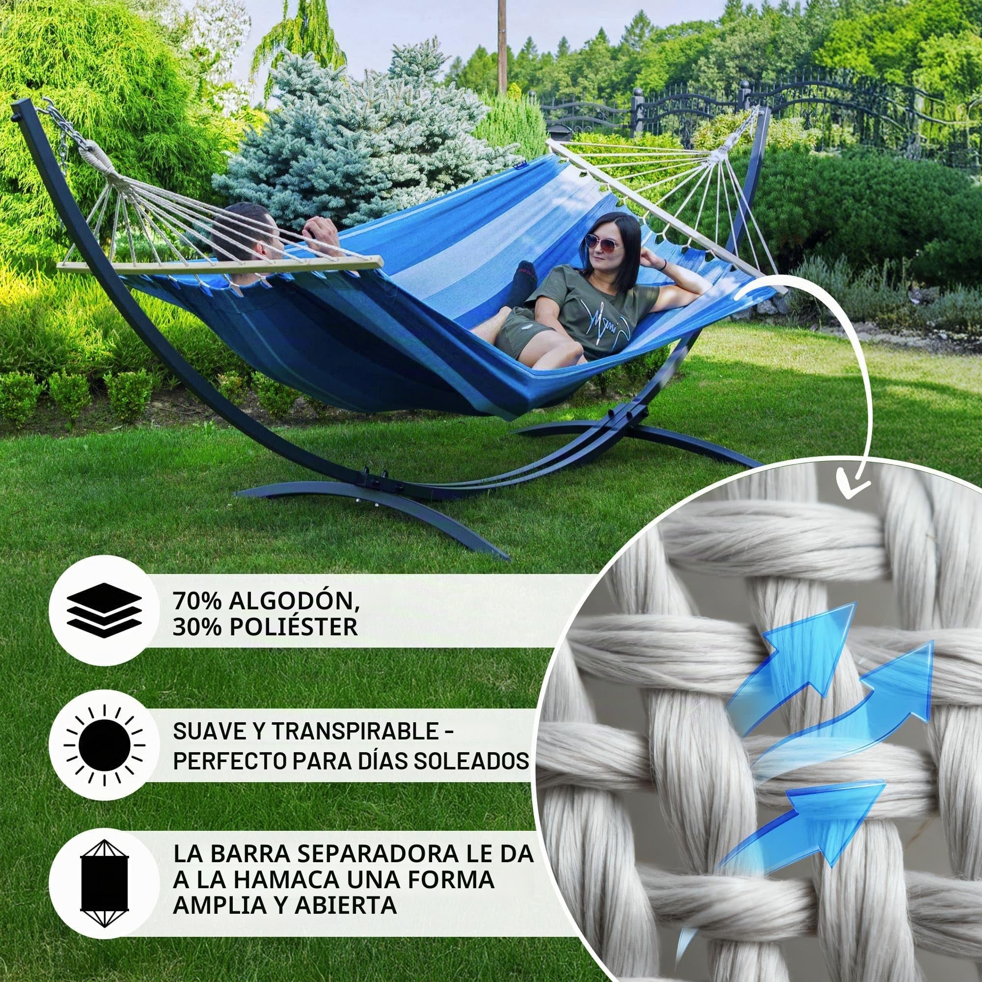 Potenza Hamaca con Soporte Incluido en Jardin, de Tela Multicolor, para 2 Personas Doble I Grande Soporte Capacidad de 220 Kg I Hamaca con Barra 220x160 cm (Negro, Básico Soporte Grafito)