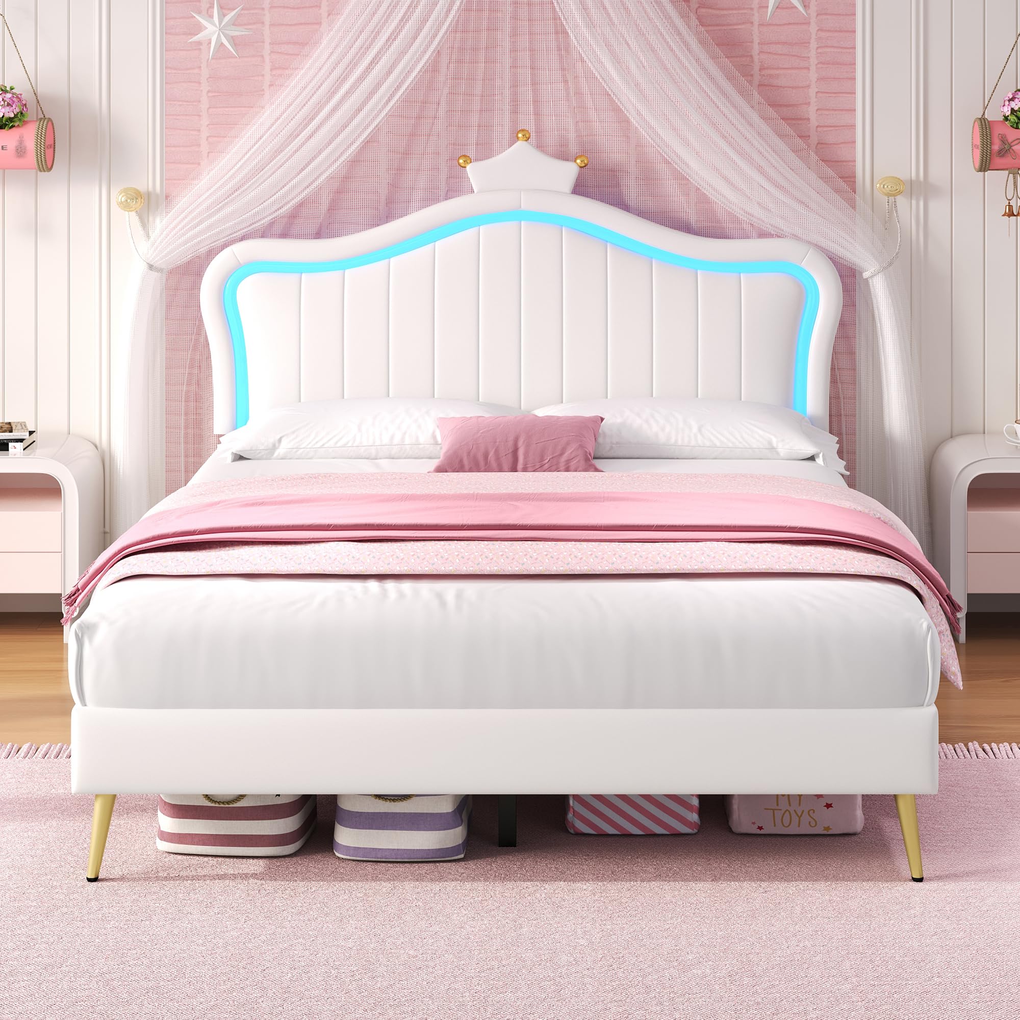 4ft6 Double Bed Frame with LED Lighting, Upholstered Platform Bed with Adjustable Crown Shape Headboard, Sturdy Wooden Slat Support/No Box Spring Needed,White PU Leather Beds for Adult Kids Teenagers