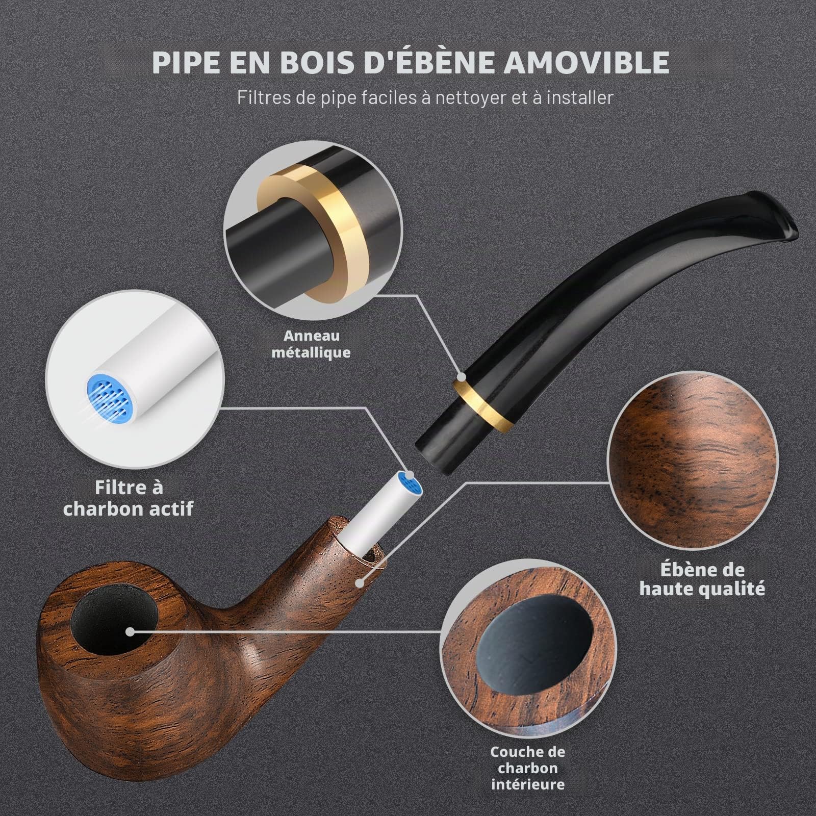 Scotte Pipe à tabac en cuir de poirier, accessoires pour pipe à tabac (racloir/support/élément filtrant/boule filtrante/petit sac/boîte) (noir 2)