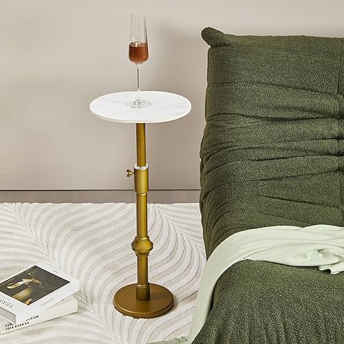Miniatura 3 de Adjustable-Height Drink Table, Marble Pedestal Side Table, Modern Round End Table, Cocktail Accent Table with Metal Brass Base, Small Side Table for