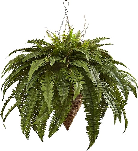Nearly Natural Helecho gigante de Boston de 26 pulgadas con cesta colgante de cono