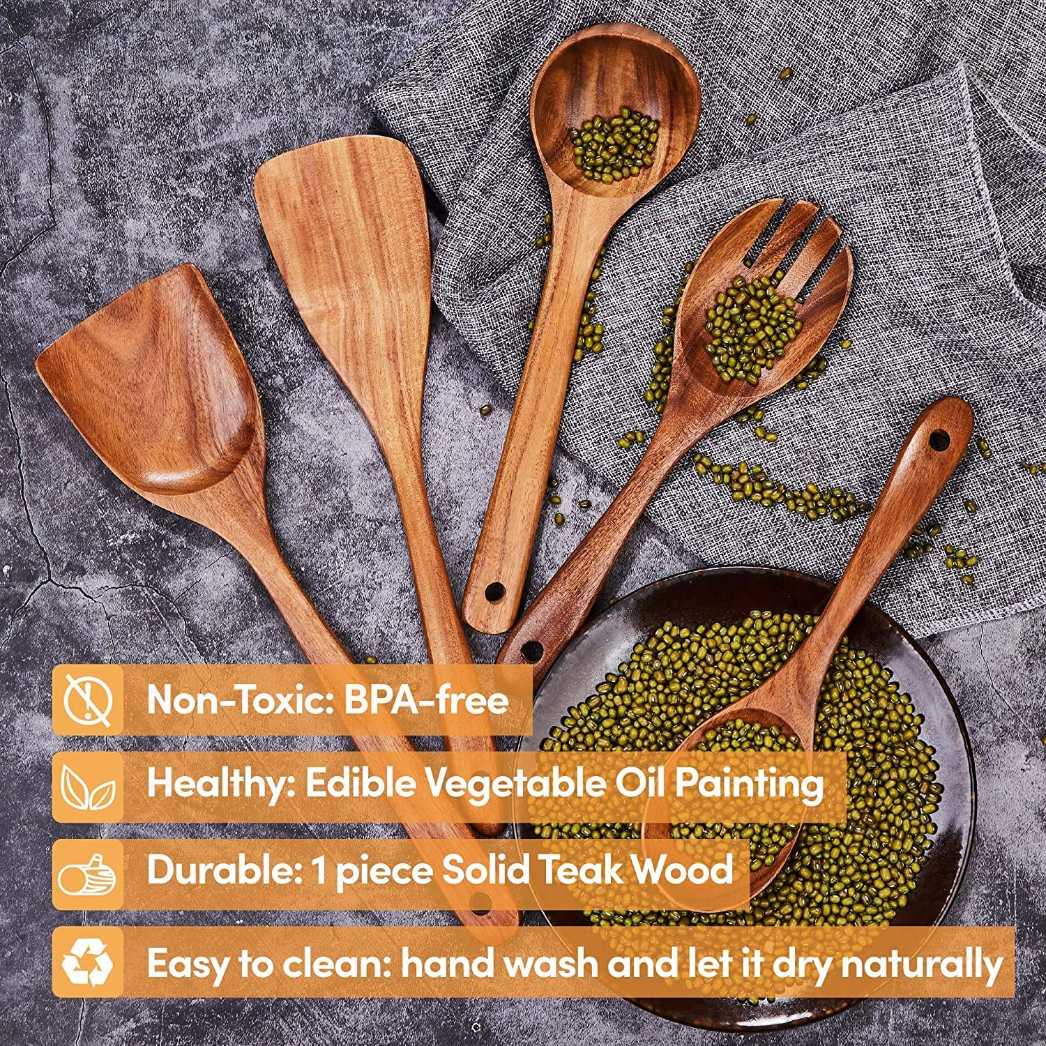 Craft Expertise Wooden Kitchen Utensil Set 5 Cooking Utensils Spatula Spoons for Cooking Nonstick Cookware, 100% Handmade by Natural Teak Wood