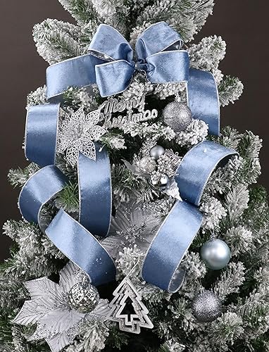 Miniatura 4 de Cinta de terciopelo azul polvoriento con alambre de 2.5 pulgadas x 10 yardas, cinta azul de Navidad con alambre con parte trasera metálica plateada