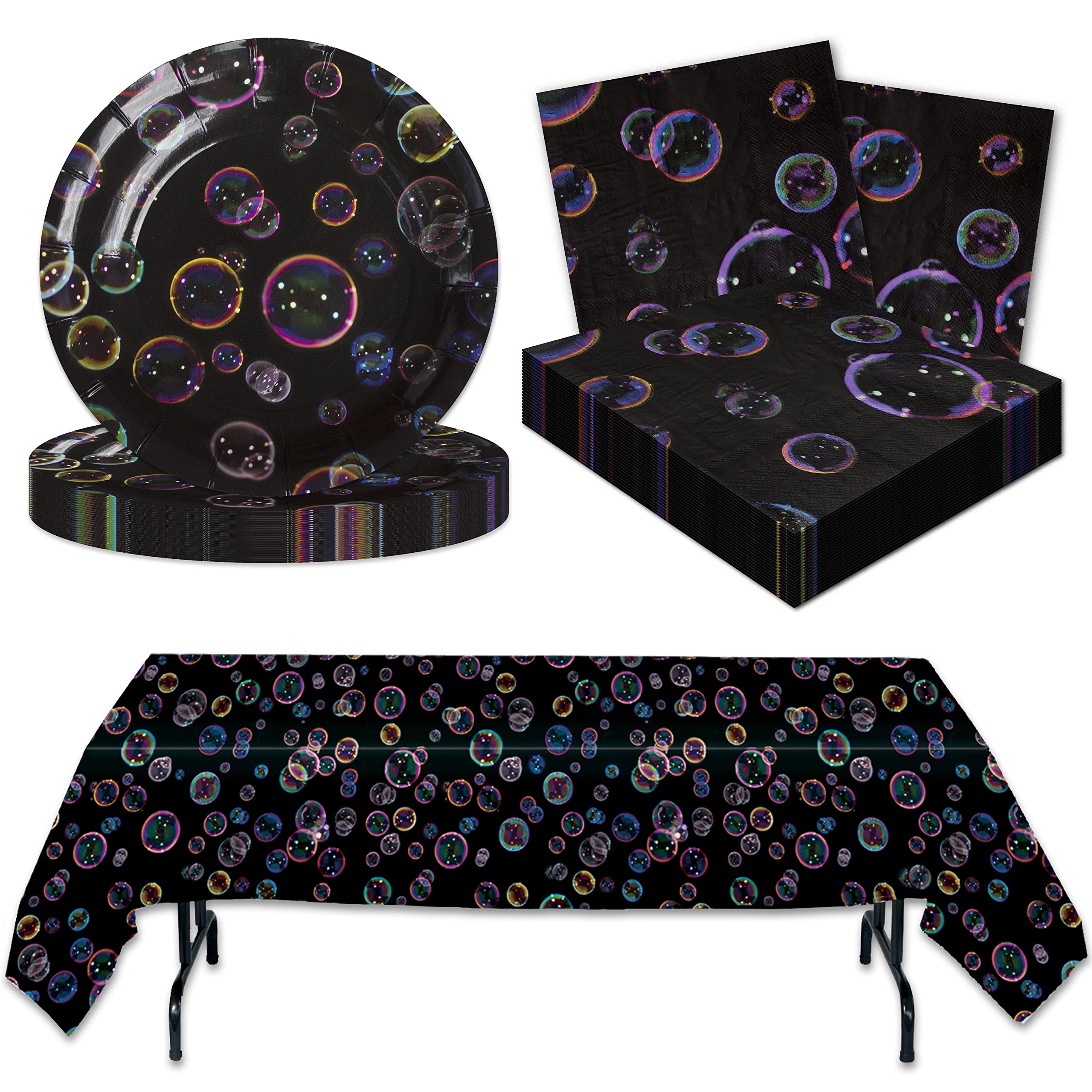 Havercamp Set de fiesta con diseño de neón o burbujas para 16 invitados; incluye 16 platos de fiesta de 17,78 cm y servilletas de almuerzo y una cubierta de plástico resistente.