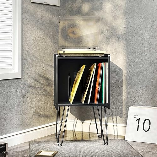 Miniatura 6 de TC-HOMENY Soporte para tocadiscos, armario de almacenamiento de discos de vinilo con patas de horquilla de metal, soporte para discos de vinilo con