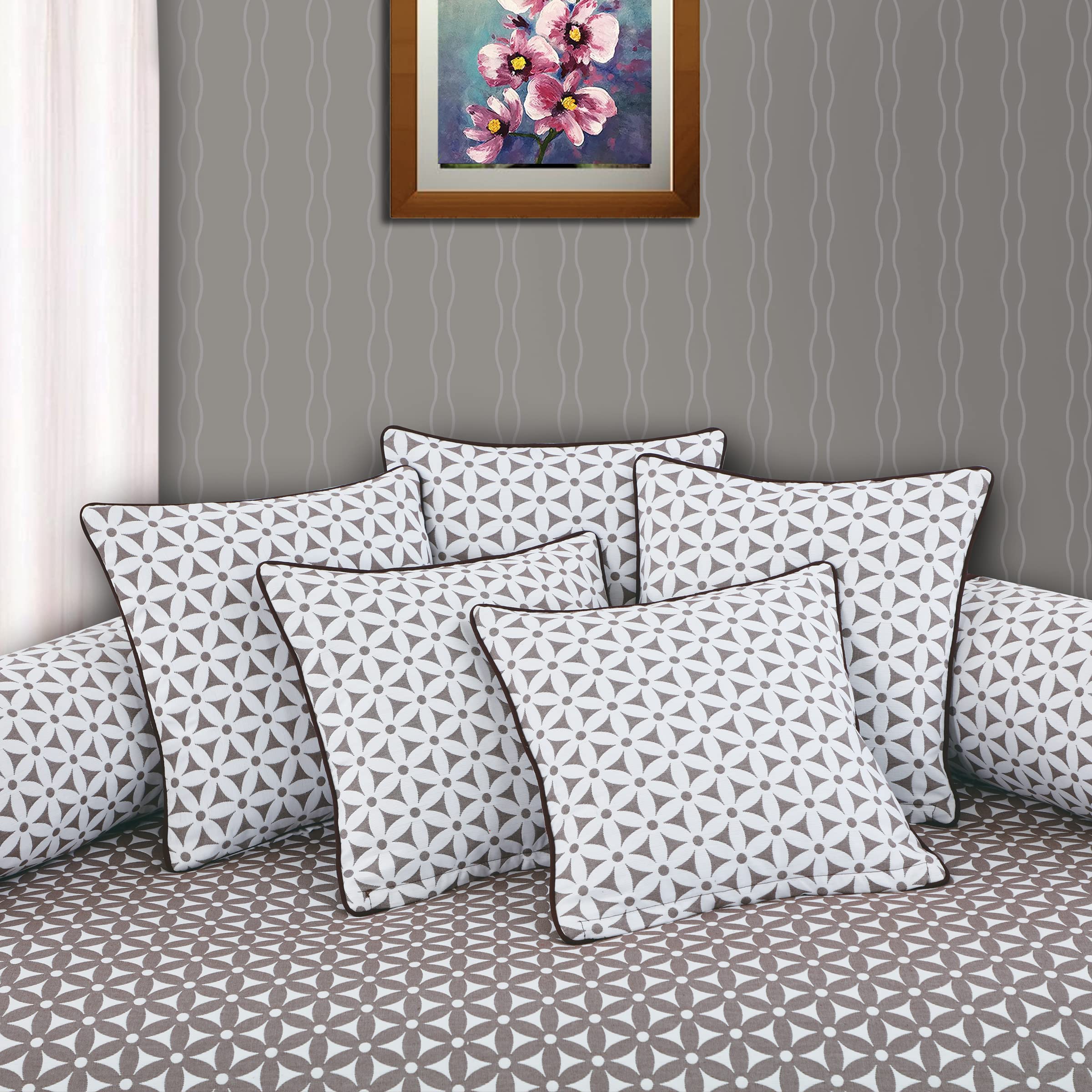 Victor Soft Cotton Hexa Flower Design Jacquard Diwan Set (Coffee, 1 Bed Cover - 61"x90", 2 Bolsters - 16" x 29" and 5 Cushion Covers - 16" x 16") - 8 Pieces-image-12