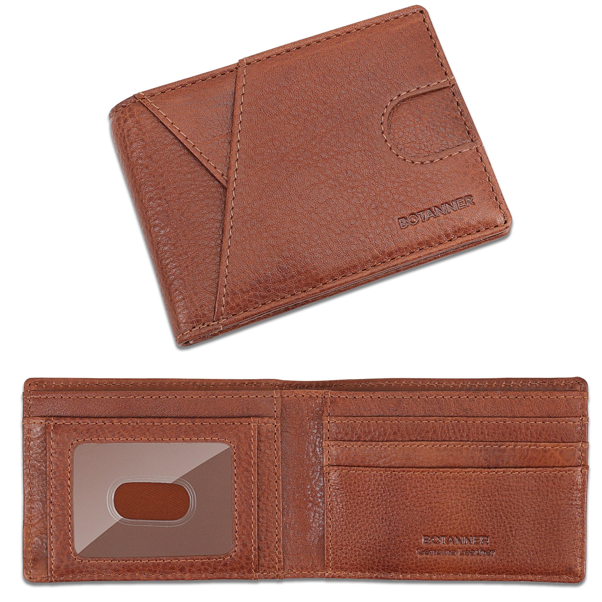 BOTANNER Genuine Leather Mens Bifold Wallet RFID Blocking 7 Credit Card Slots 1 ID Window 1 Section for Bills 2 Additional Slots | Tan