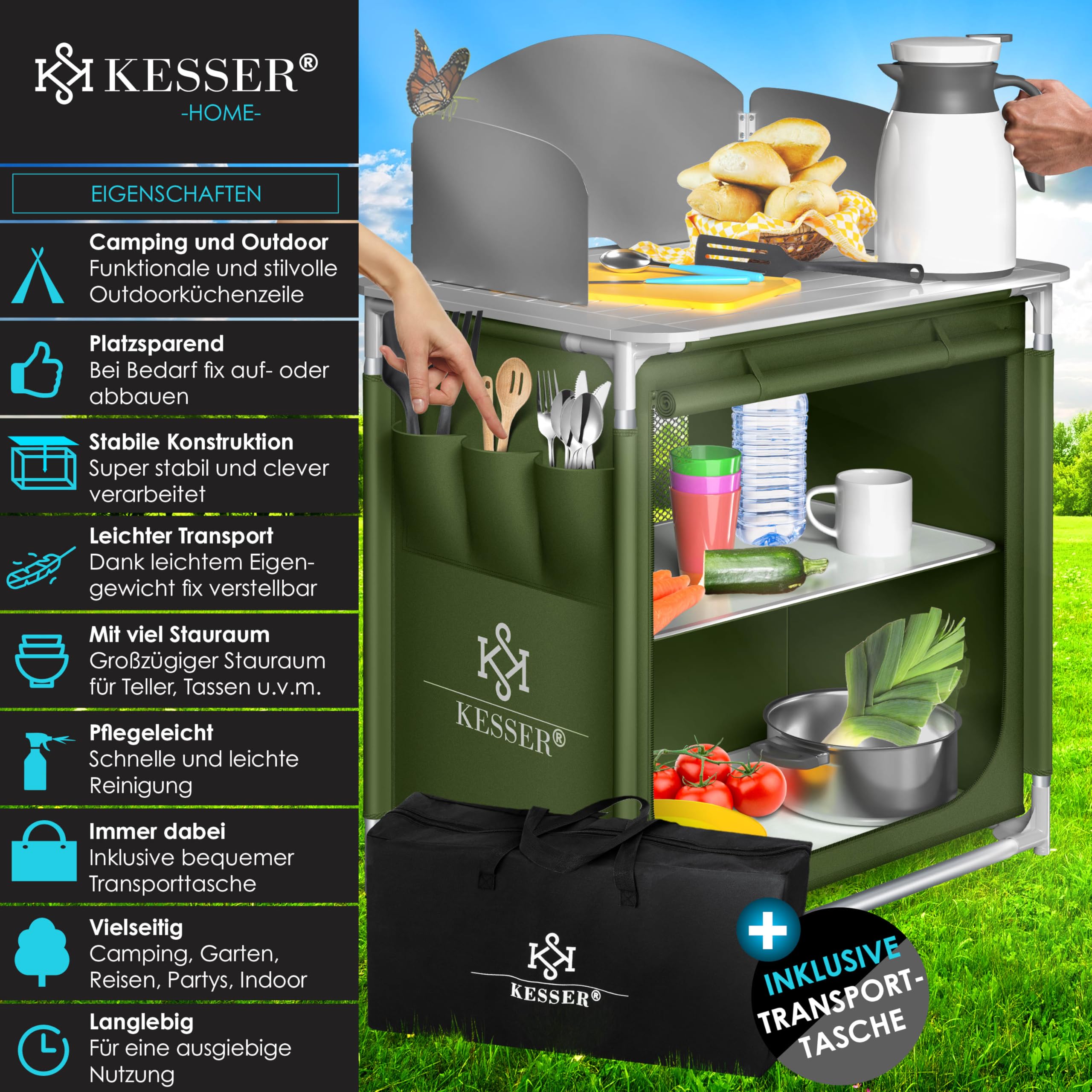 KESSER® Cucina da Campeggio, Armadietto da Campeggio Pieghevole con Borsa per Trasporto e Set di Bicchieri, Struttura in Alluminio