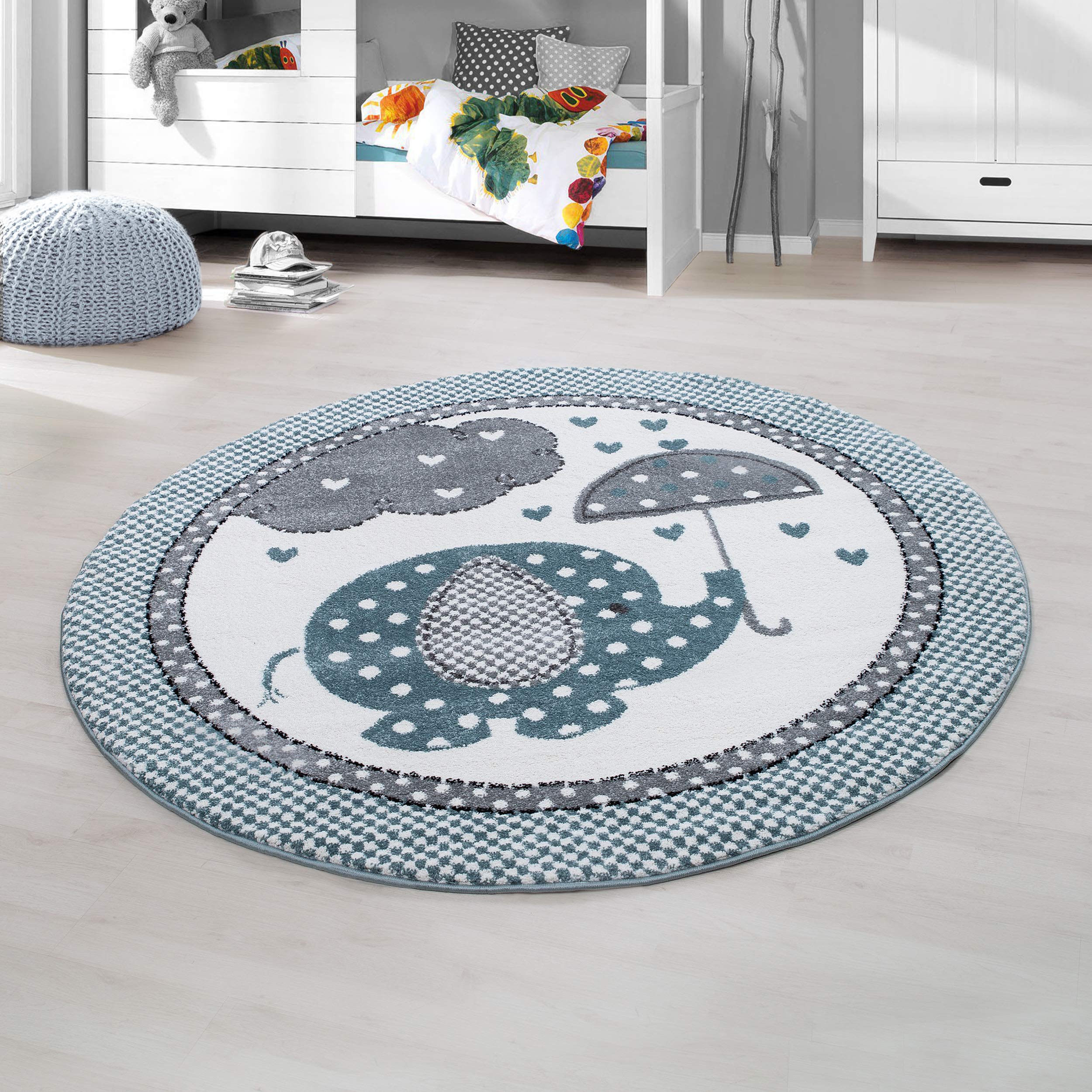 Tapis Enfant Poil Court à Motif Éléphant - 80x150cm Bleu, Polypropylène Doux