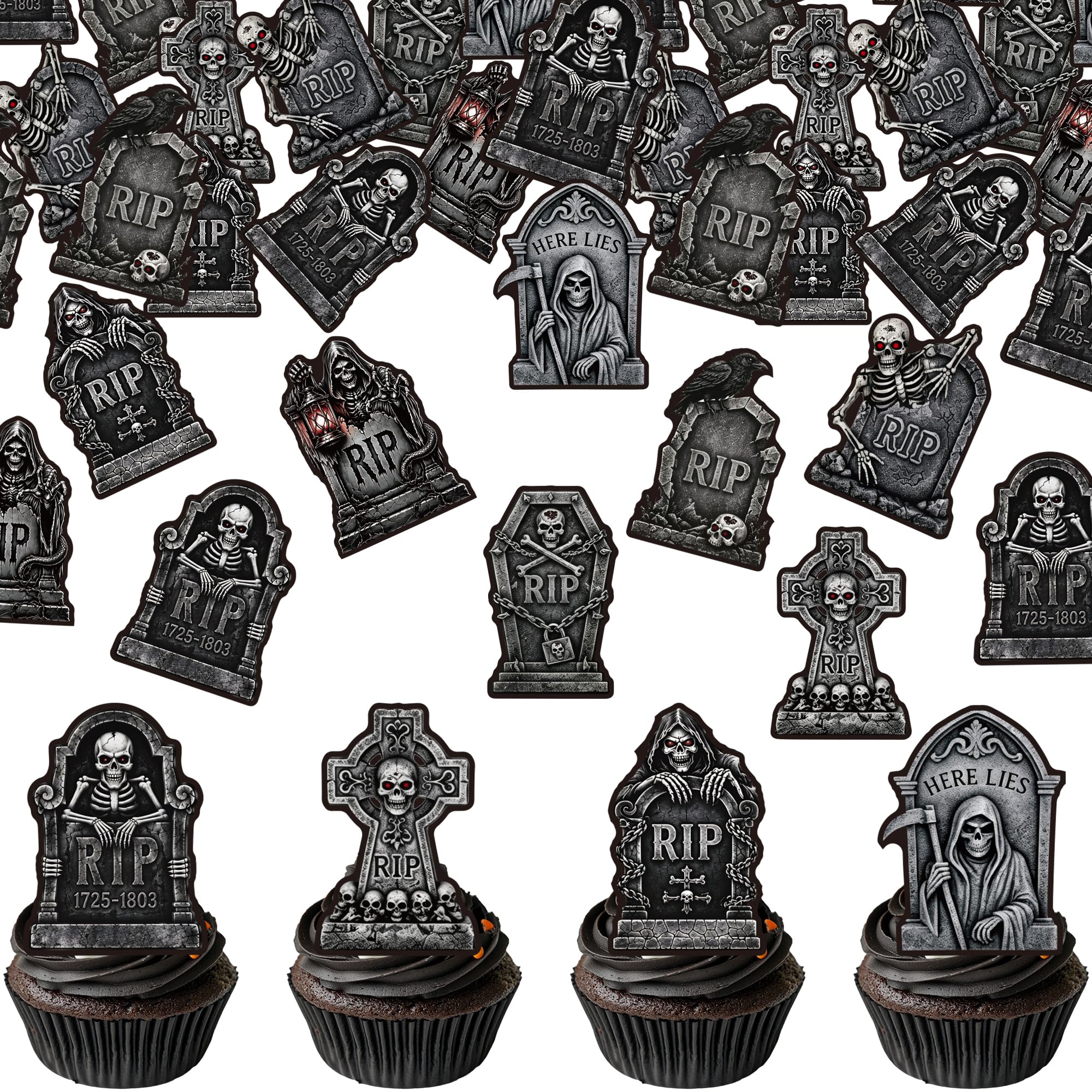 64 Pack Edible Halloween Tombstone Cupcake Toppers RIP Cemetery Graveyard Zombie Skeleton Cupcake Picks for Halloween Theme Horror Birthday Party Cake Decorations Supplies โ image 1