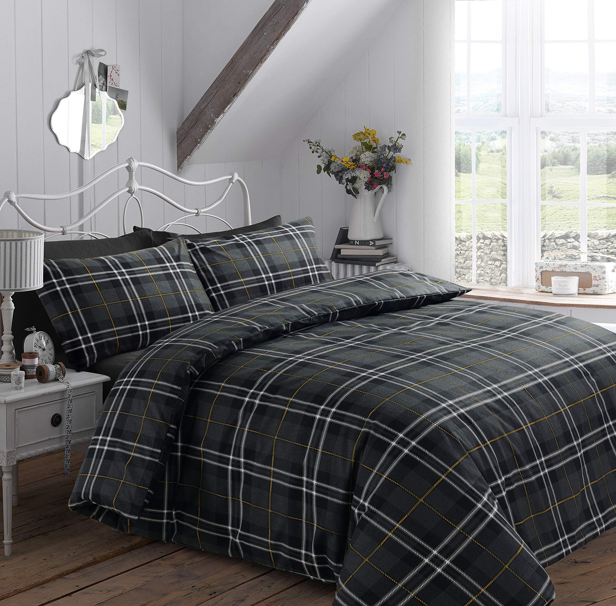 EDS 100% BRUSHED COTTON FLANNELETTE DOUBLE BED DUVET COVER, FLANNEL DUVET SET REVERSIBLE , THERMAL BEDDING, BEDDING SET - OMEGA GREY DOUBLE