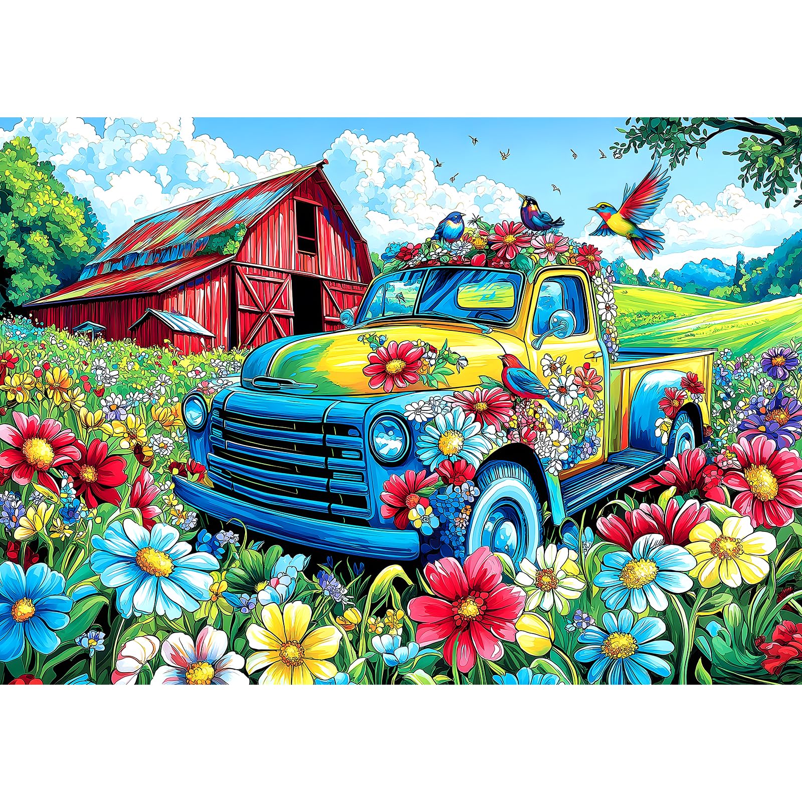Spring Village Truck 1000 Piece Puzzles for Adults, Clearance Challenge Art Jigsaw Puzzle, for Gift Birthday Party Games Family, 27.5 * 19.7 Inch Dust