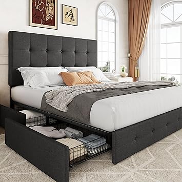 Allewie Upholstered Queen Size Platform Bed Frame with 4 Storage Drawers and Headboard, Square Stitched Button Tufted, Mattress Foundation with Wooden Slats Support, No Box Spring Needed, Dark Grey