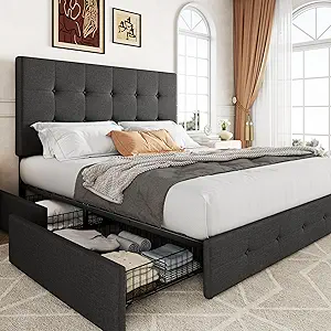 Allewie Upholstered Queen Size Platform Bed Frame with 4 Storage Drawers and Headboard, Square Stitched Button Tufted, Mattress Foundation with Wooden Slats Support, No Box Spring Needed, Dark Grey