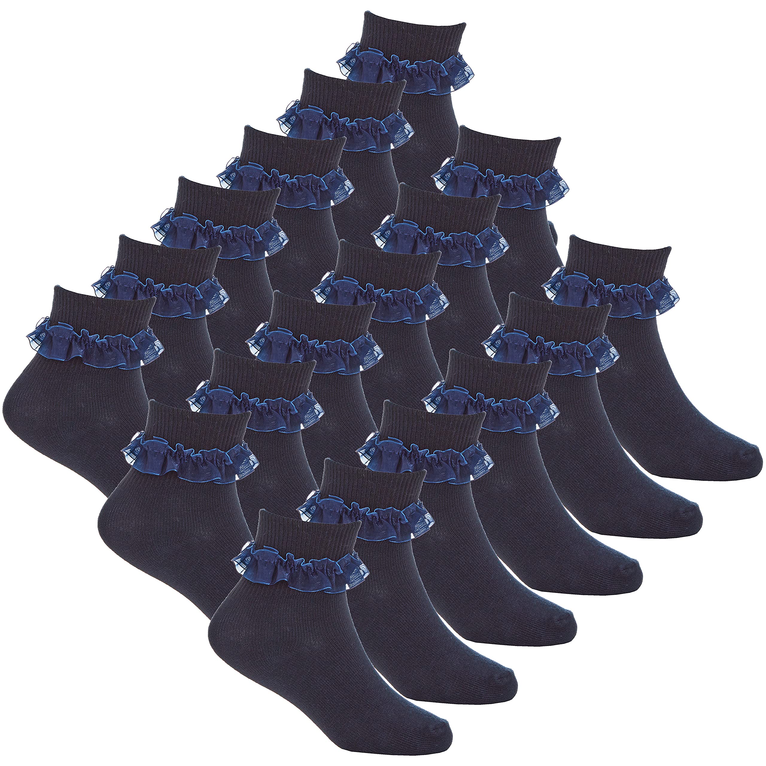 Metzuyan Girls Navy - 9 Pairs 9 Pairs 3-Pack Frilly Socks Organza Lace Frill Back To School Navy 6-8.5