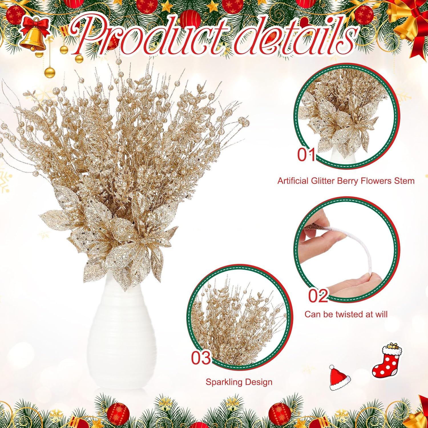 36 Pack 17'' Christmas Tree Picks Ornament Artificial Glitter Berry Stem Picks and Spray with Fake Christmas Poinsettia Flower Bead Stick Branch Decor for DIY Wreath Vase Filler(Champagne)