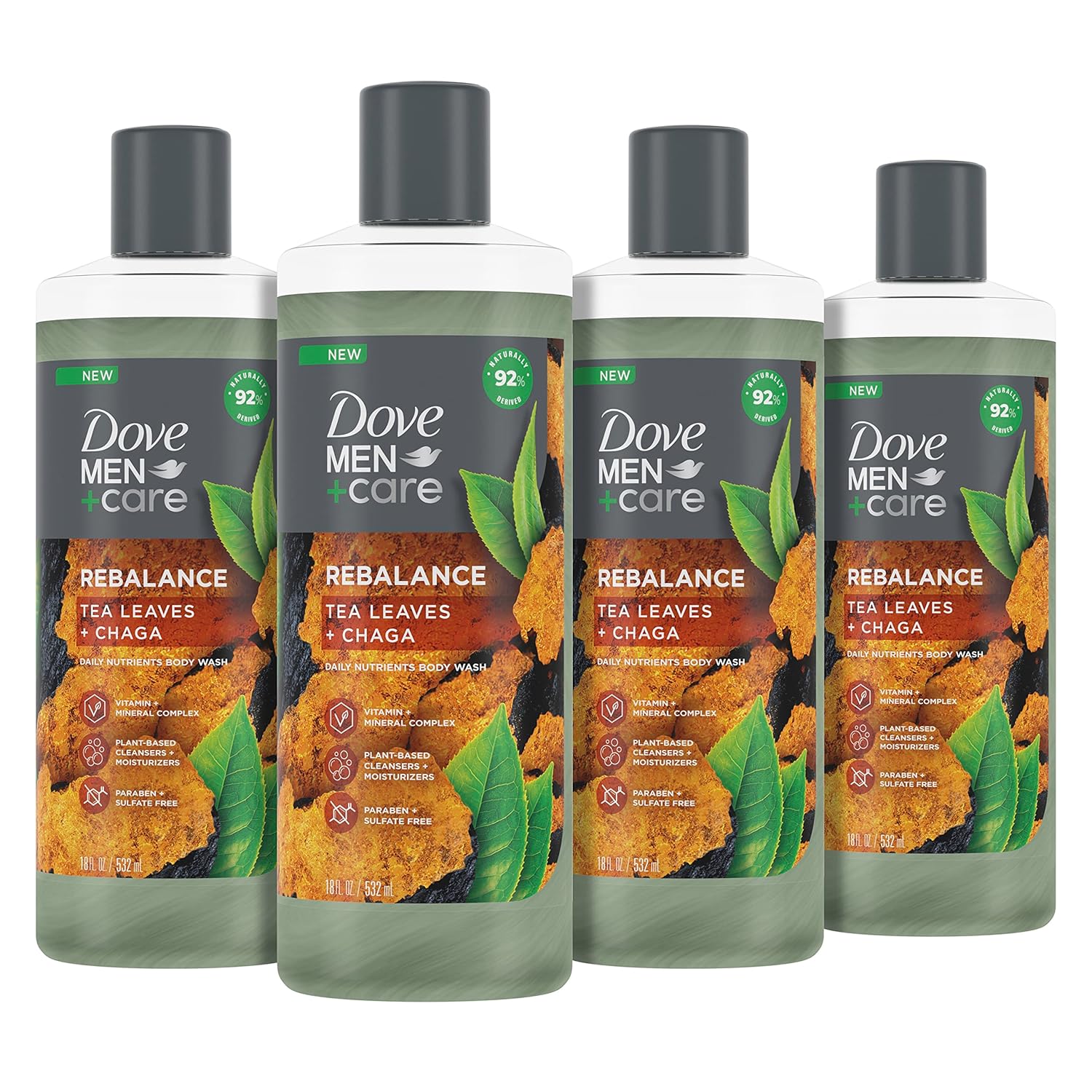 DOVE MEN + CARE Rebalance Body Wash Tea Leaves and Chaga 4 Count With Vitamin and Mineral Complex Moisturizing Body Wash with Plant Based Ingredients 18 oz DOVE MEN + CARE Rebalance Body Wash Tea Leaves and Chaga 4 Count With Vitamin and Mineral Complex Moisturizing Body Wash with Plant Based Ingredients 18 oz