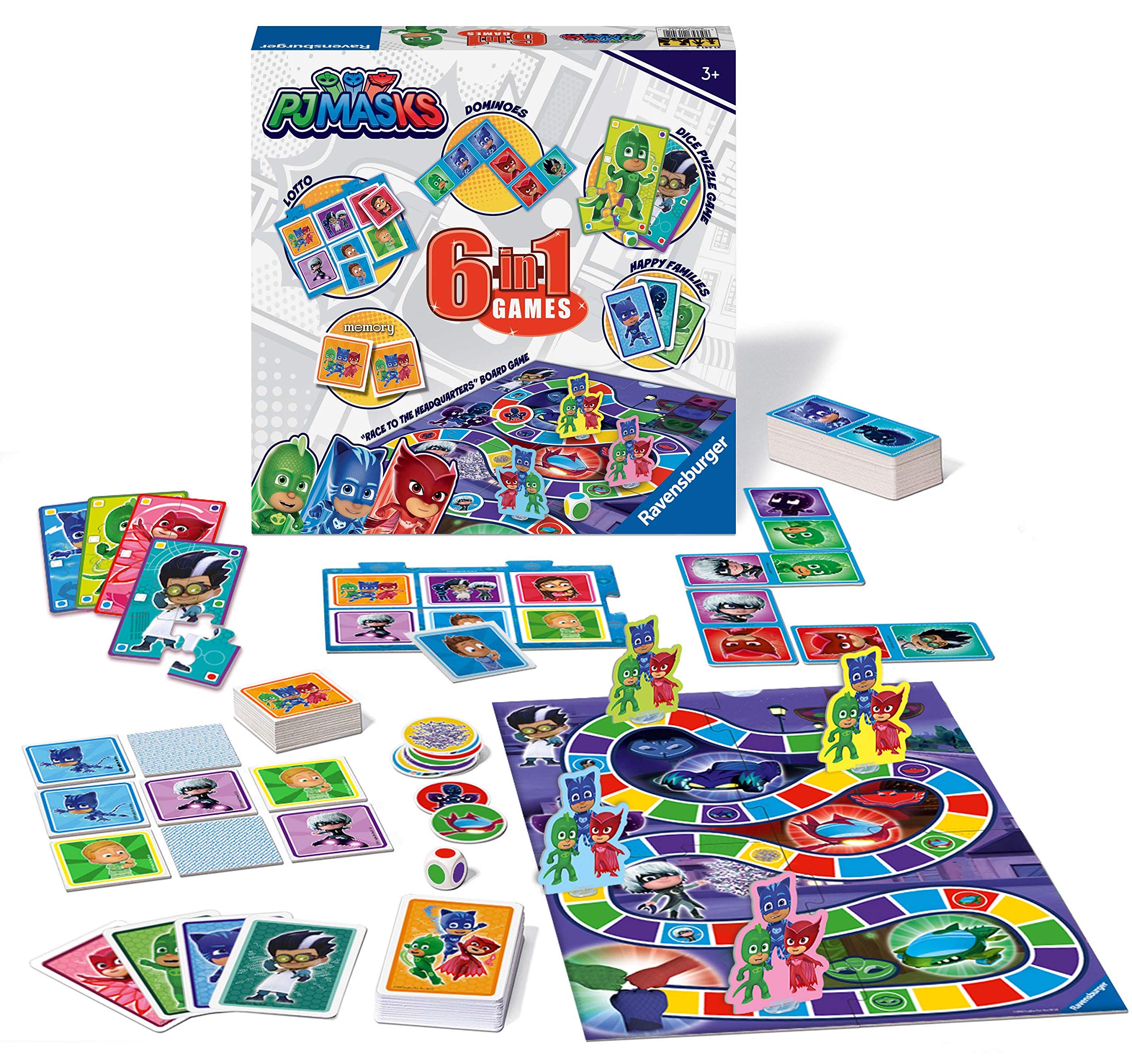 Ravensburger PJ Masks - Compendio 6 in 1 per bambini e famiglie dai 3 anni in su, Bingo, Domino, Serpenti e Scale, Dama e Carte da Gioco e Gioco di Memoria