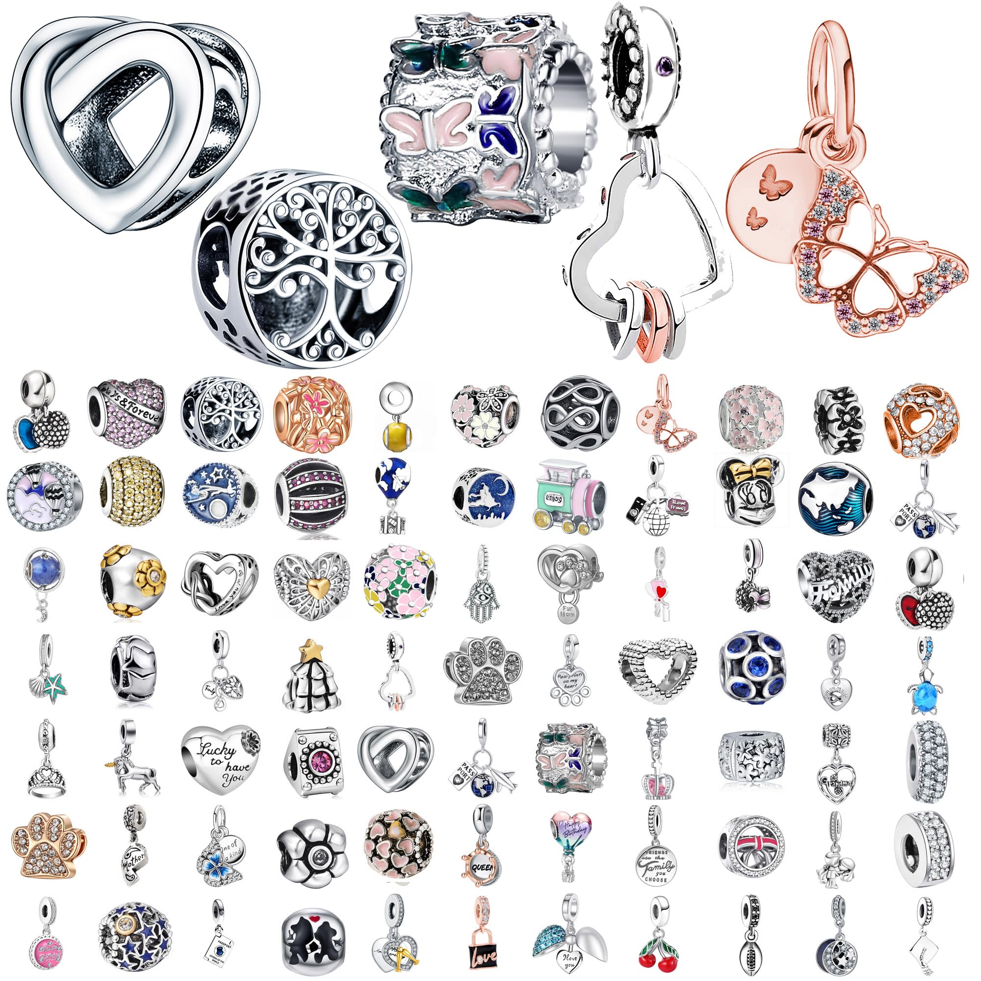 9 Pack Plated Silver Spacer Beads European Charms fit Pandora Bracelet CZ Dangle Enamel Random Mix Set