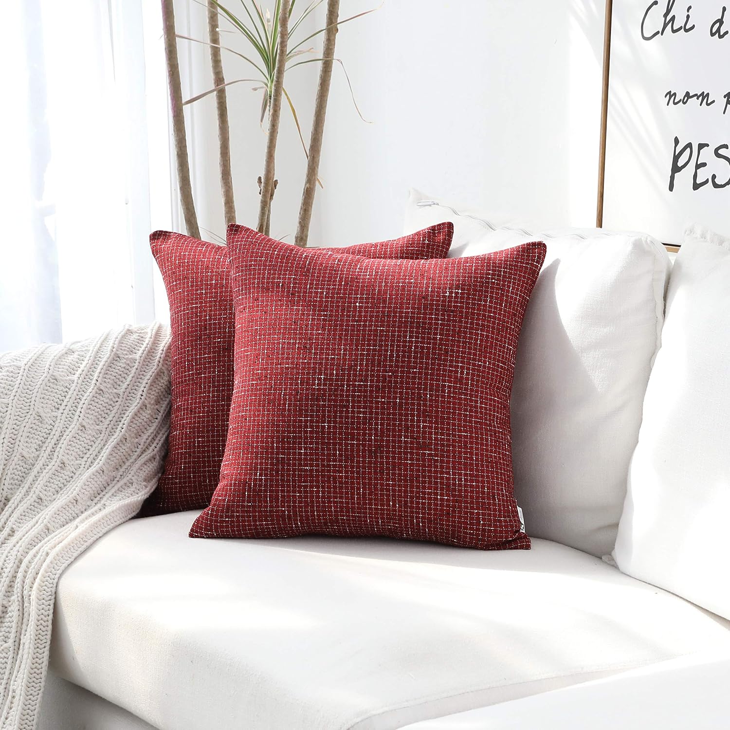 Kevin Textile Decorative Linen Pillowcases for Couch/Sofa/Bed, 3 Tone Color Yarn Weaving Cushion Covers Both Sides, 2 Pieces, 18x18-inch, Rio Red