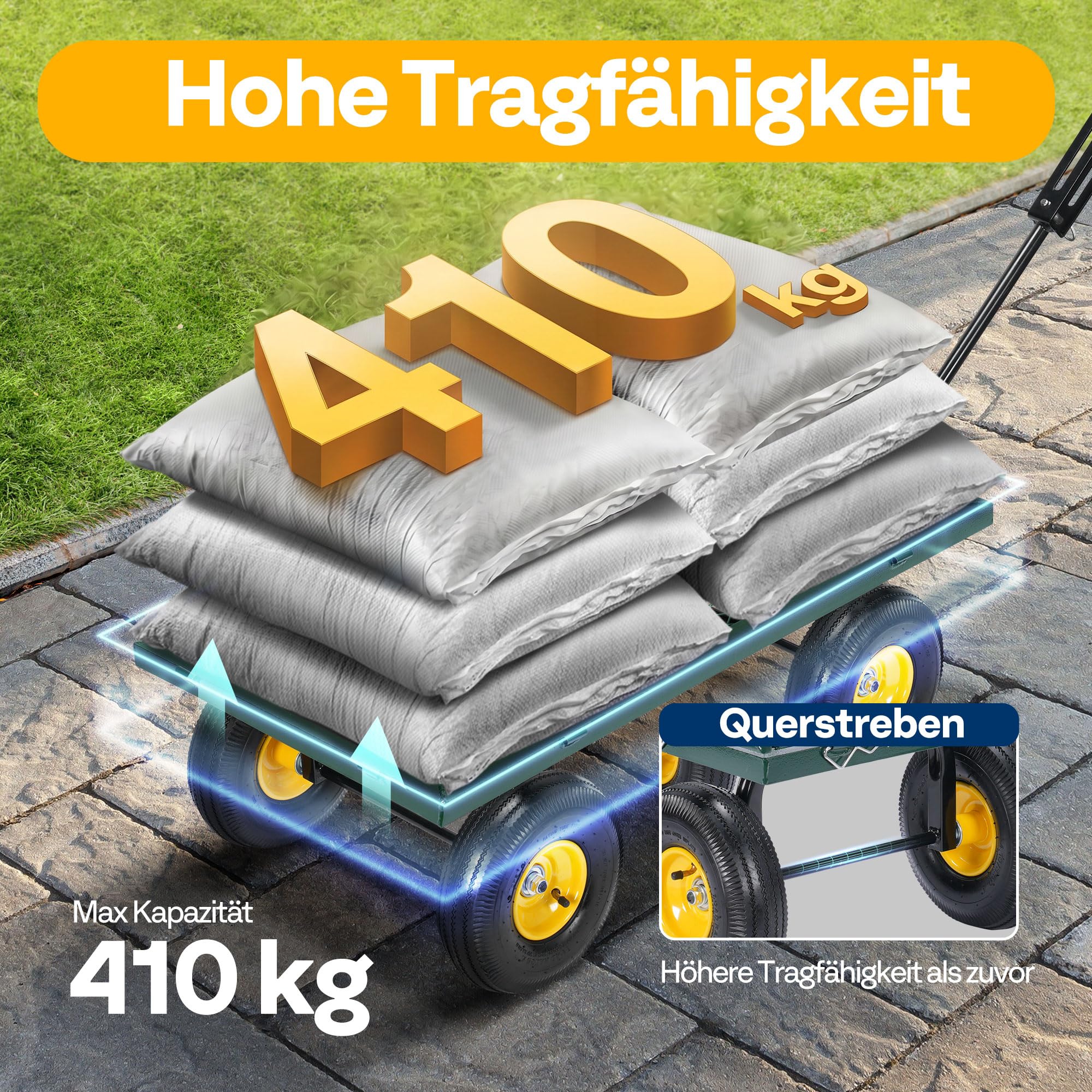 VIVOHOME Gartenwagen Metall Faltbar mit 410kg Tragkraft 25,4cm Luftreifen | Bollerwagen Stabil und Robust mit 180° Drehbarem Griff und Abnehmbaren Seiten für Garten Grün