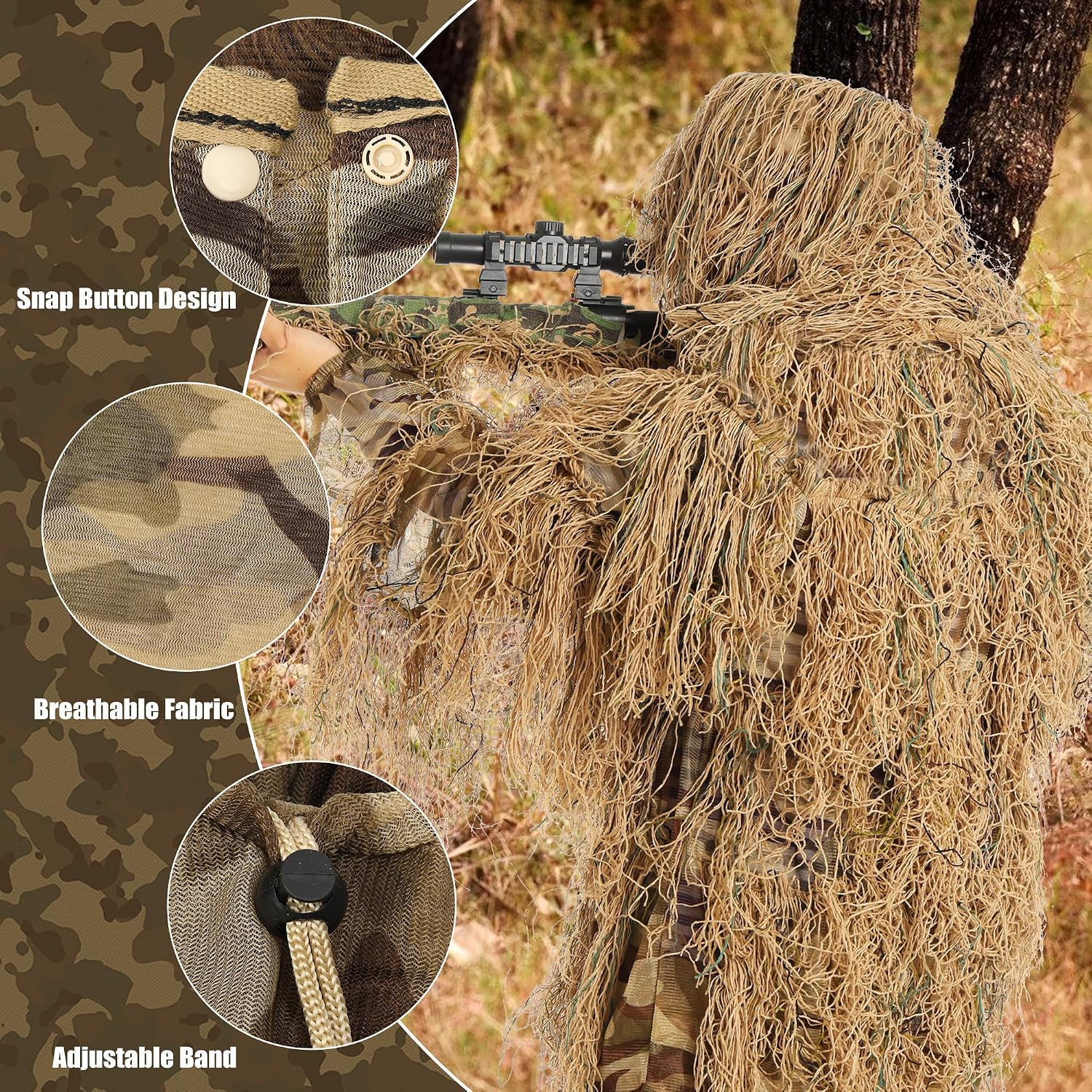 Ghillie Suit for Men Hunting - 6 in 1 Complete 3D Camouflage Apparel Set with Jacket, Pants, Hood, Tape, for Hunting, Military, Airsoft, Paintball