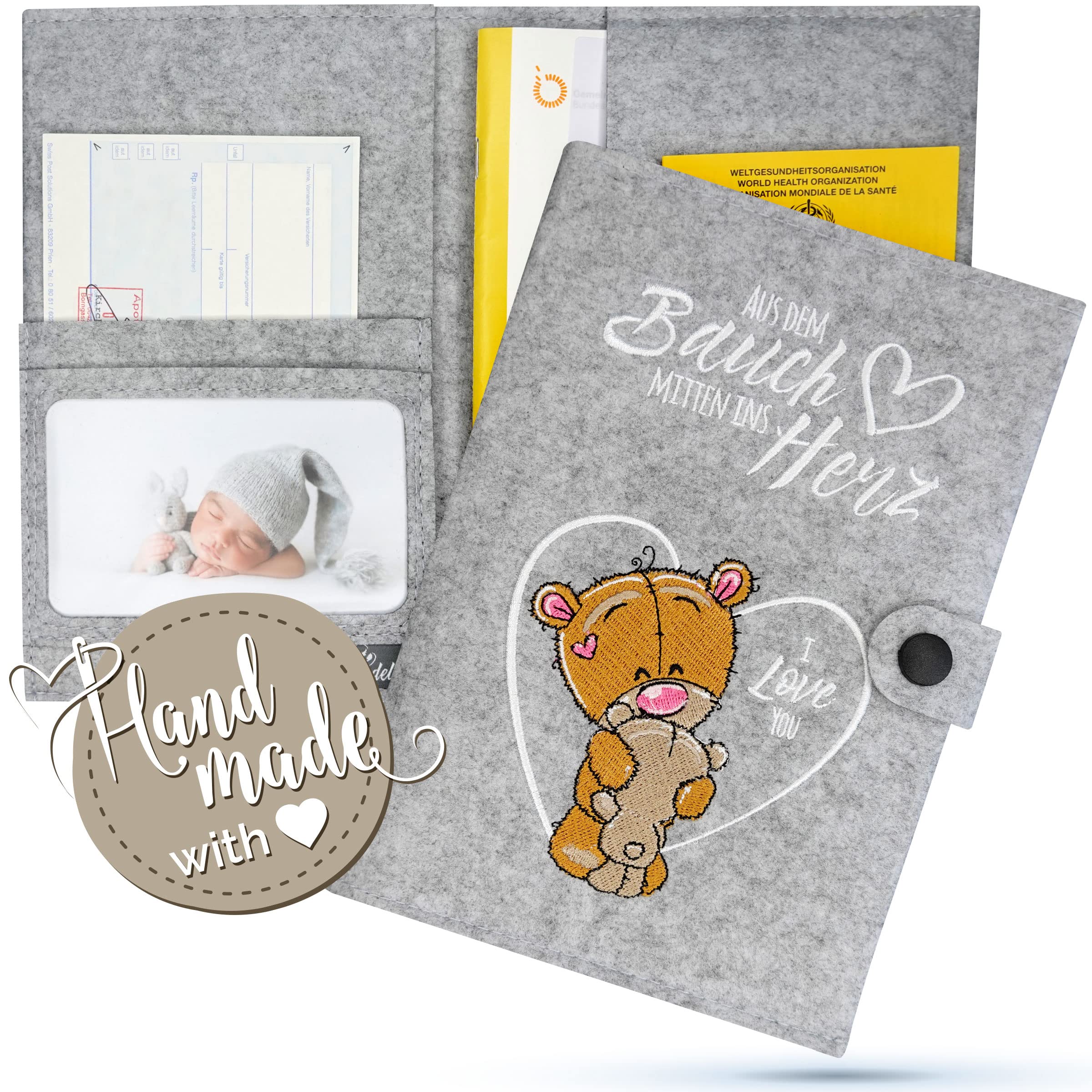 Emadele U-Heft Schutzhülle 'Aus dem Bauch mitten ins Herz' Hellgrau aus Filz Handmade. Kinder-Untersuchungsheft Hülle für Impfpass