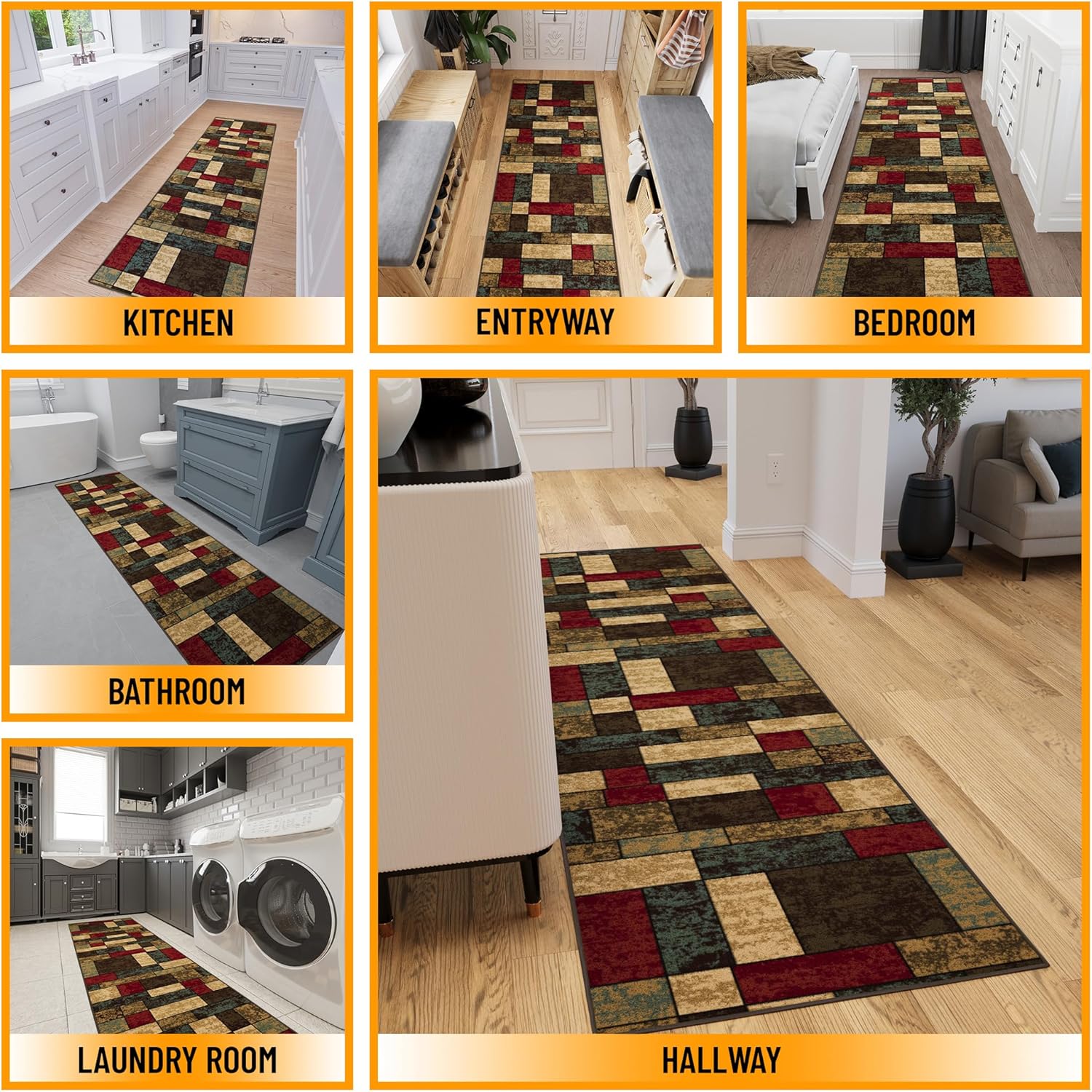 Ottomanson Hallway Runner Rug 1'10" x 6' Non Slip Boxes Area Rugs Easy to Clean Laundry Rug Runner Durable & Pet Friendly Floor Carpet Runners for Hallways Entryway Living Room Kitchen, Multicolor