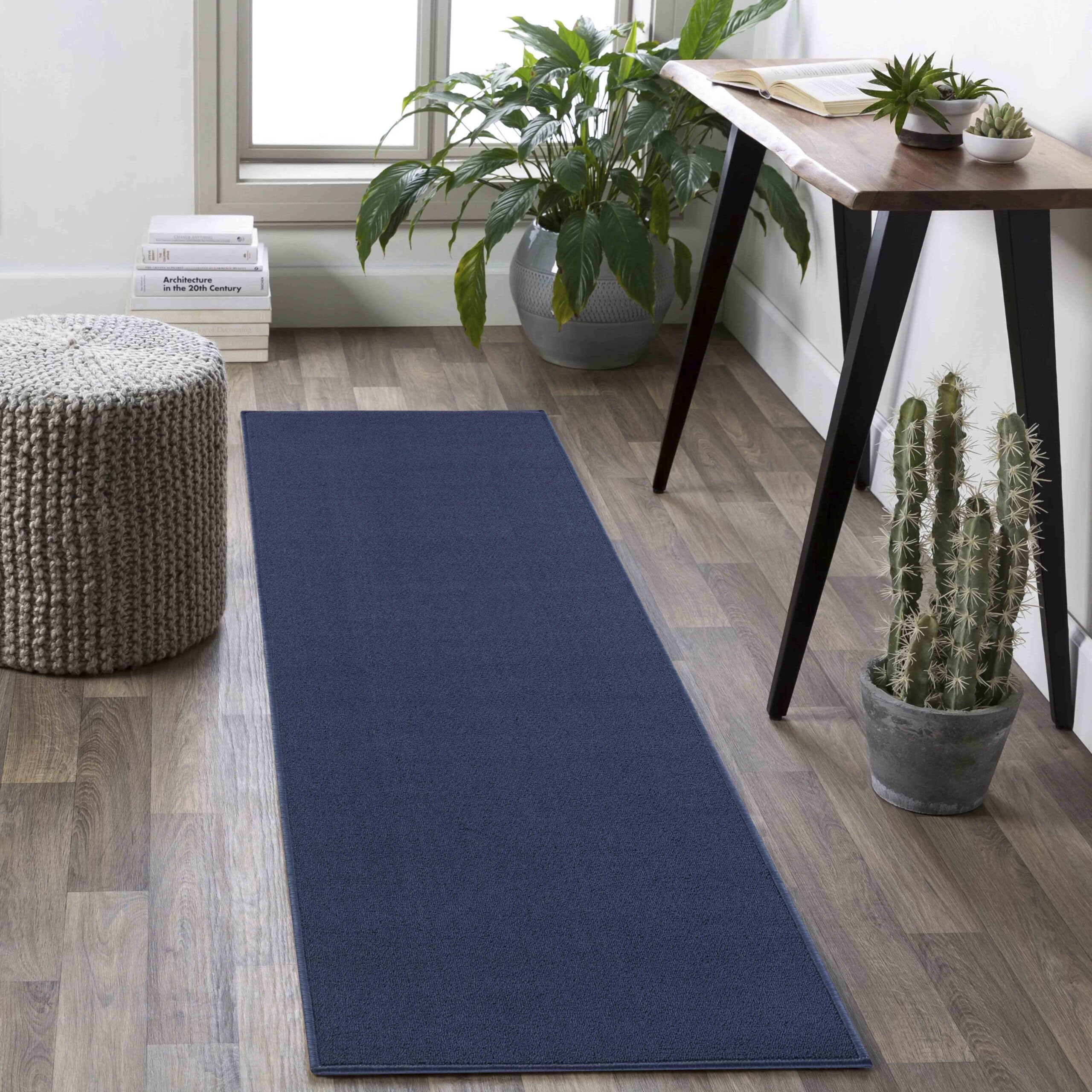 Simple Low Pile Plain Runner Rug, Felt Backed, Navy, 60x220cm